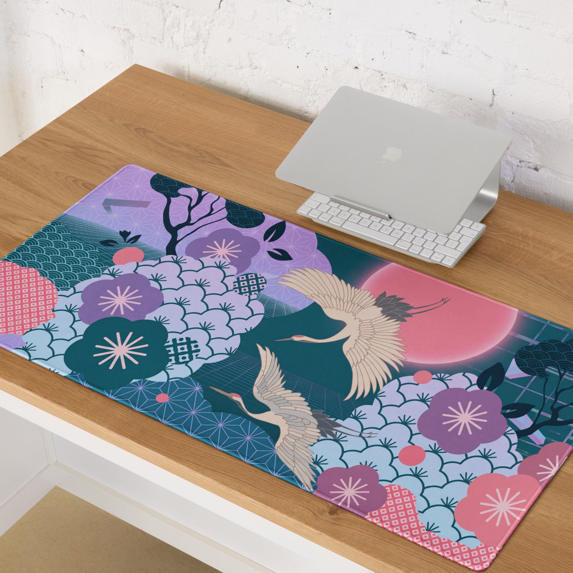 Vaporwave Floral Desk Pad - Gaming Mouse Pad Purple Teal Vaporwave Retro Mood Synthwave Desk Accessory Digital Art