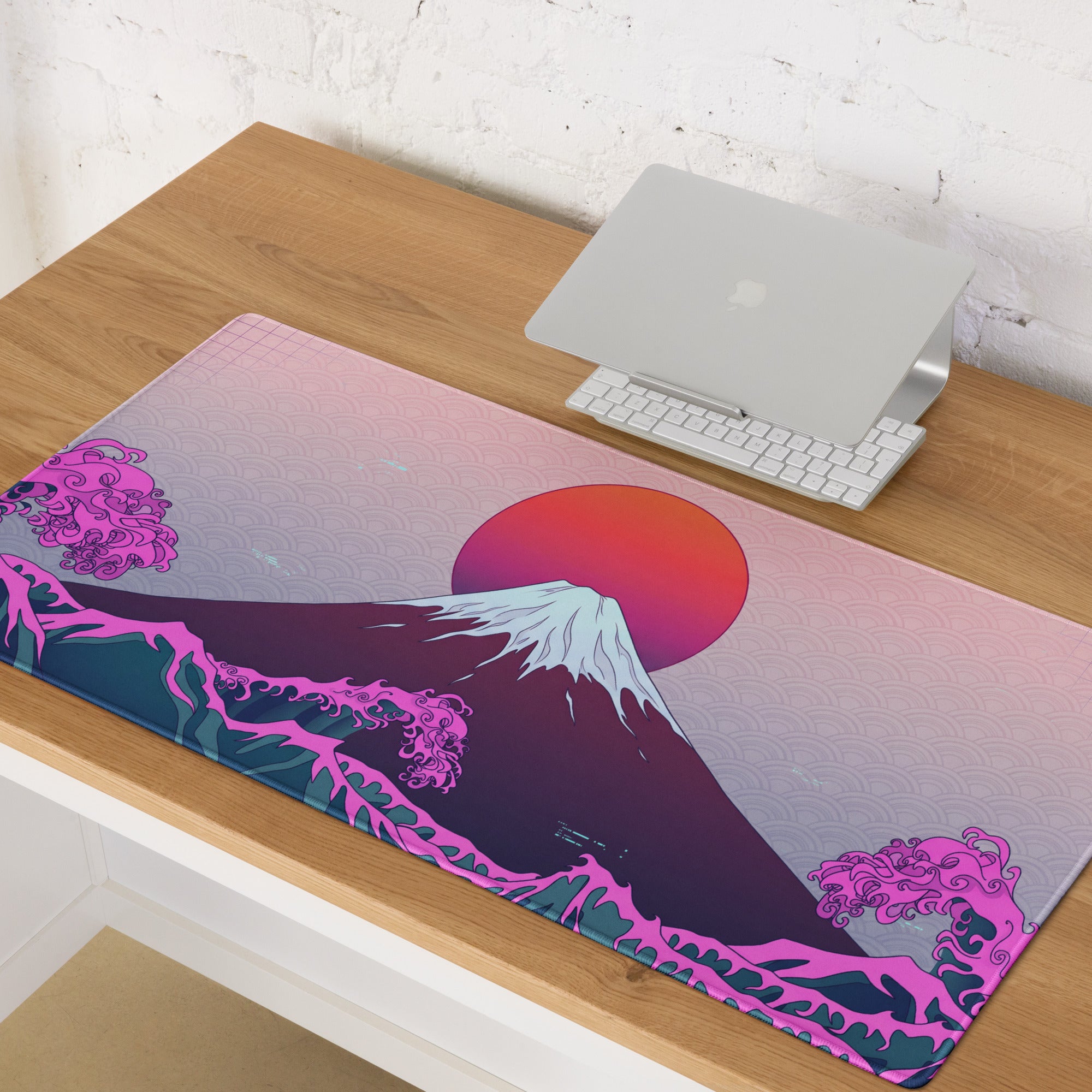 Vaporwave Fuji Desk Mat - Fuji Pink Purple Desk Setup Vaporwave Dreamy Neon Retro Futurism Gaming Mat Digital Art
