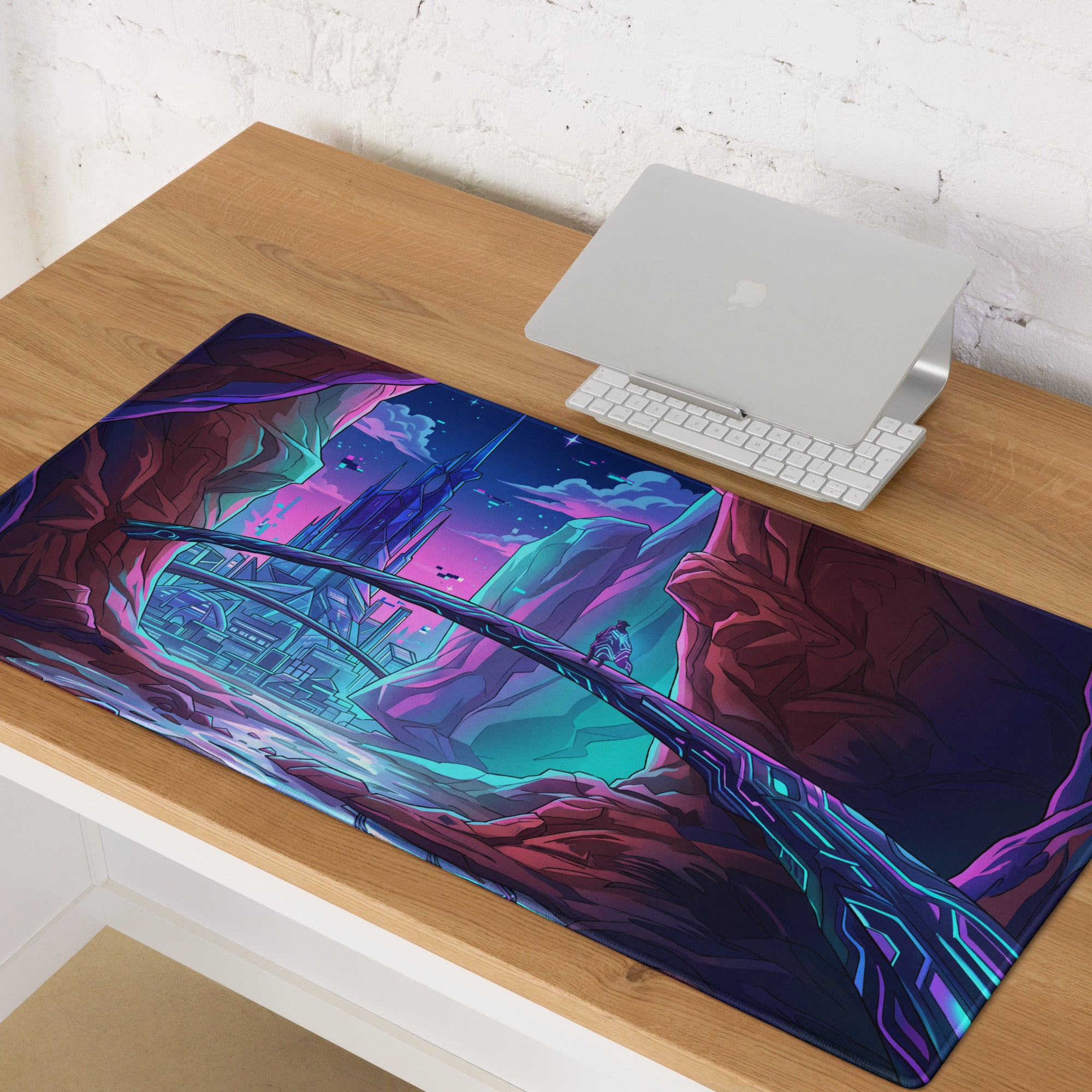 Neon Vaporwave Cityscape Mouse Pad - Mouse Pad Neon Purple Cityscape Dreamy Neon Mood Cyberpunk Desk Illustration