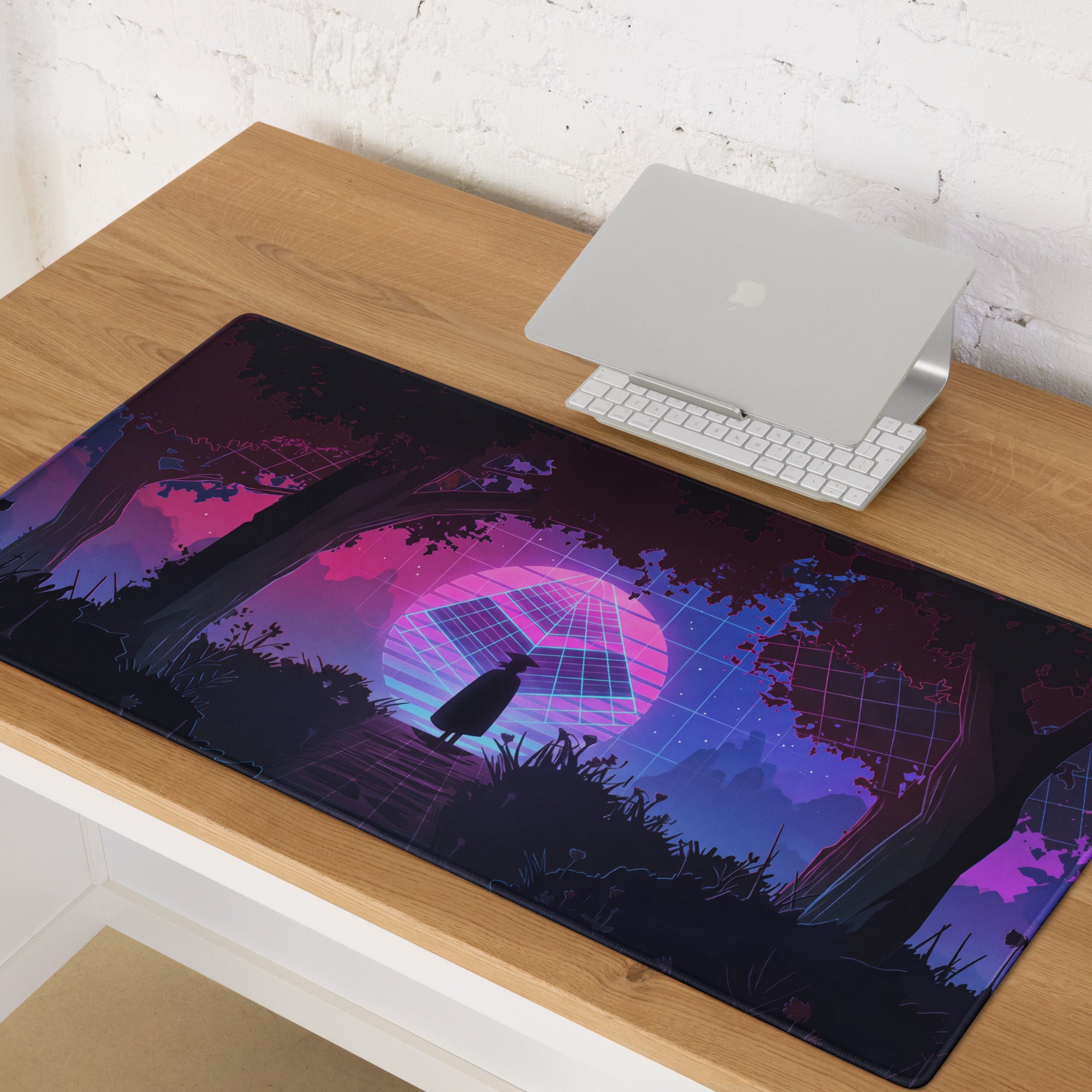 Neon Vaporwave Grid Desk Pad - Mouse Pad Neon Pink Purple Blue Desk Gaming Vaporwave Dreamy Synthwave Mood Cyberpunk