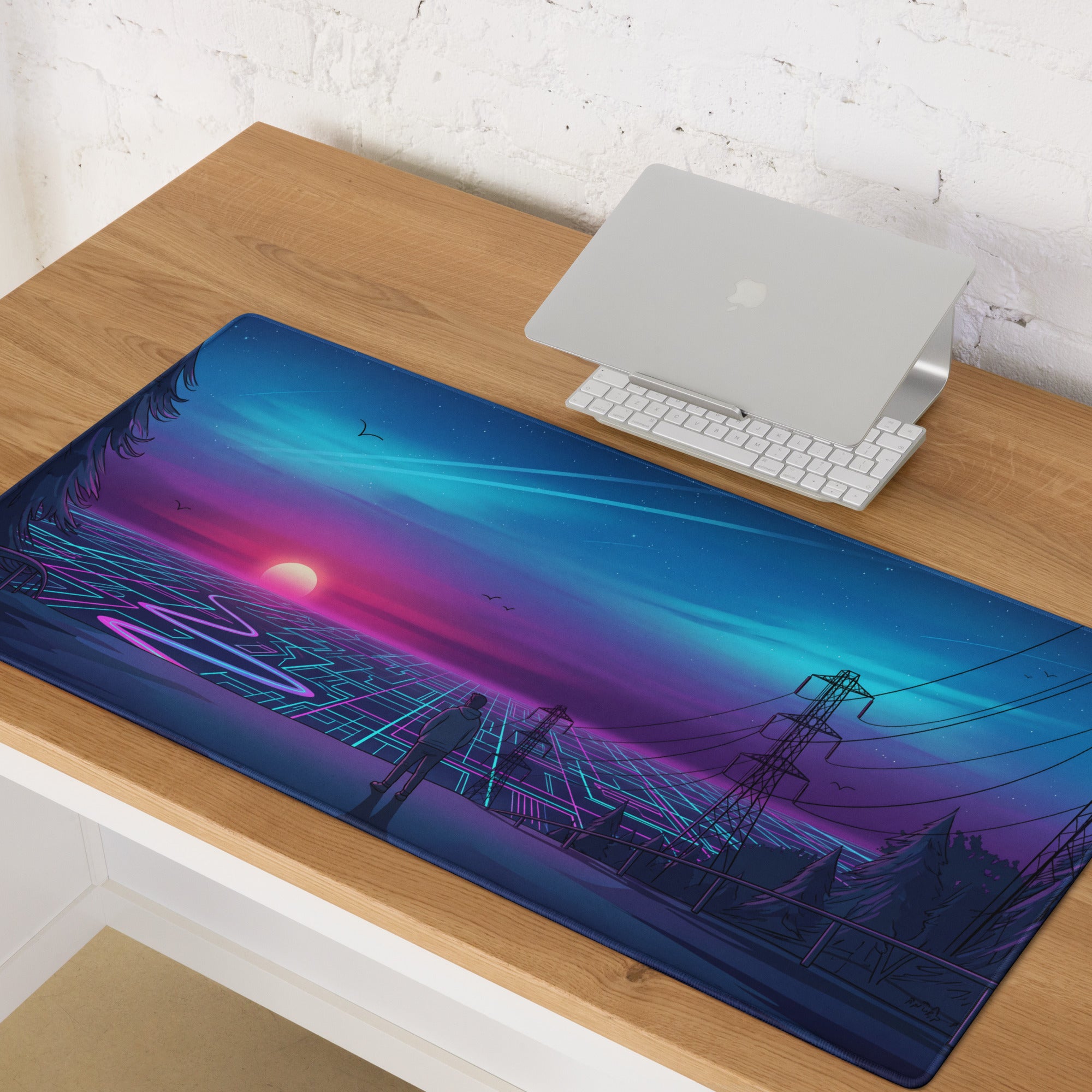Neon Vaporwave Sunset Mouse Pad - Vaporwave Mouse Pad Blue Purple Desk Setup Retro Dreamy Cyberpunk Desk Mat Digital Art