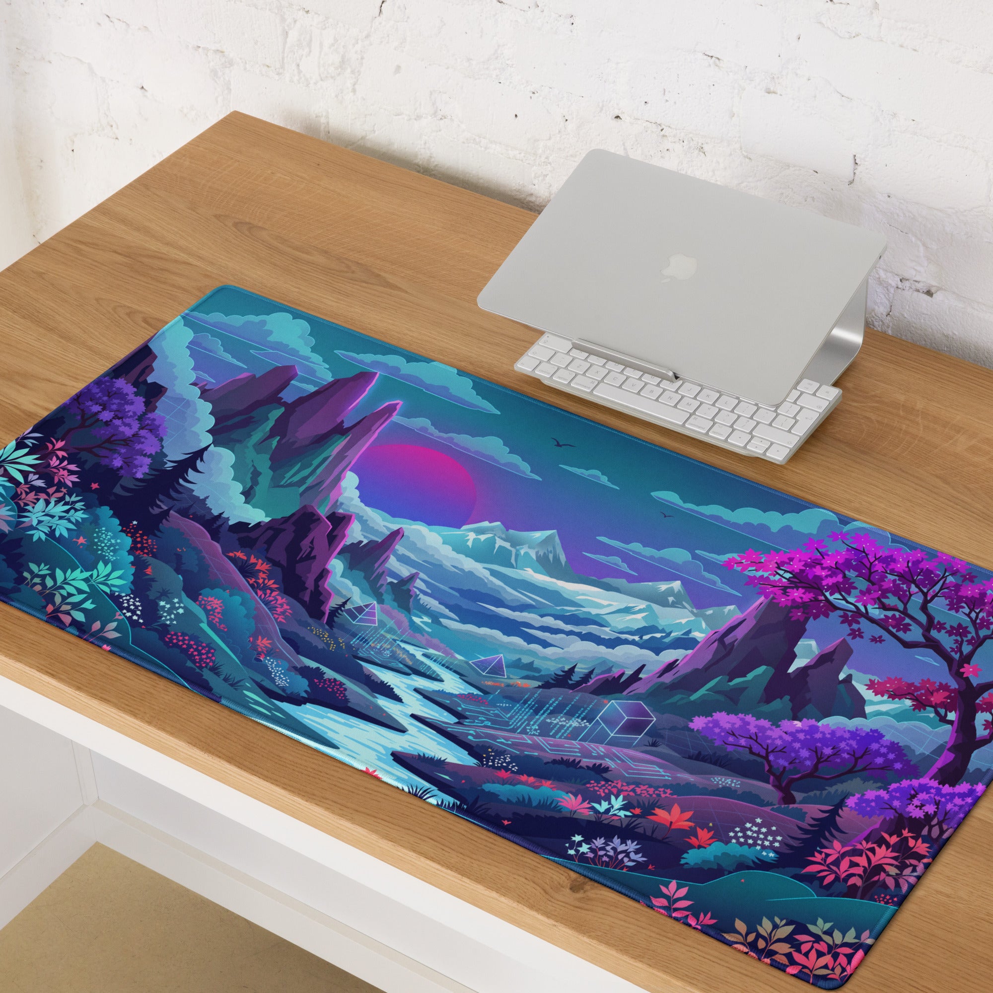 Neon Vaporwave Landscape Mouse Pad - Landscape Desk Neon Purple Pink Blue Vaporwave Dreamy Mood Futuristic Gaming Theme