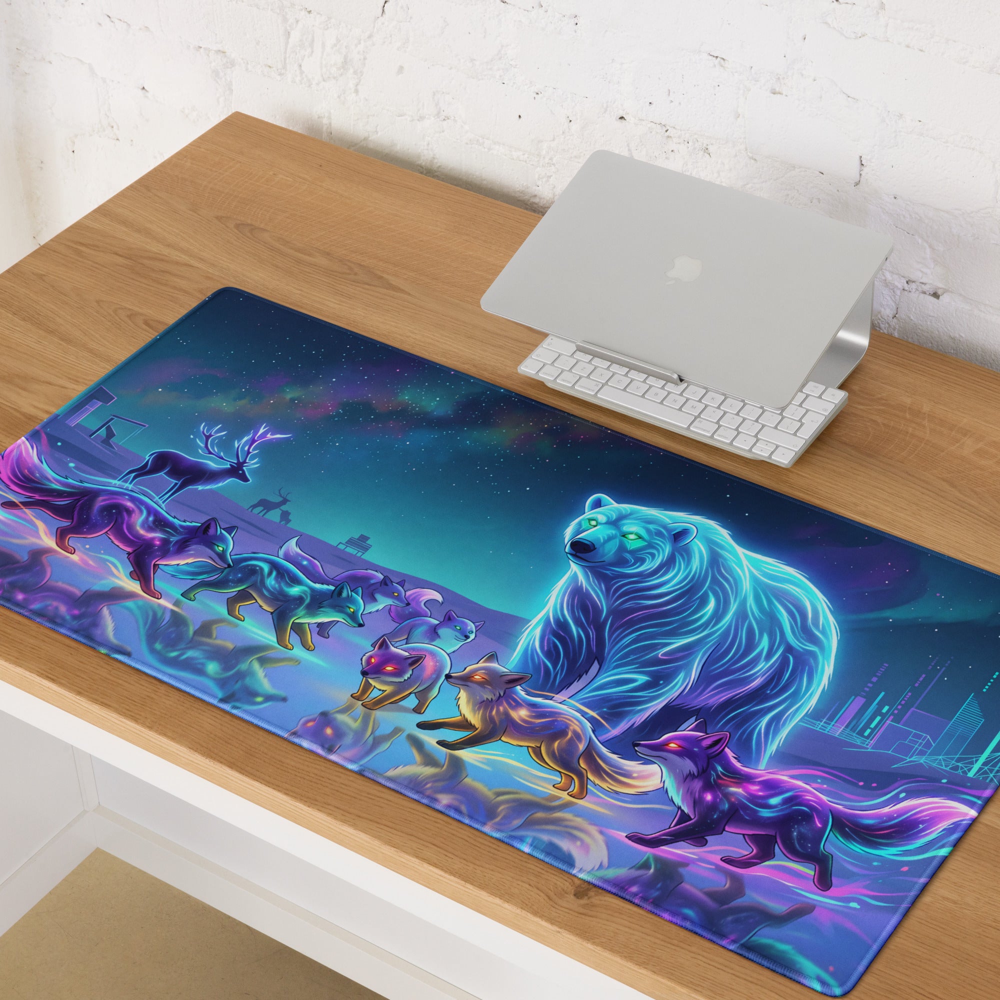 Neon Wolf Vaporwave Desk Pad - Wolf Vaporwave Neon Blues Gaming Desk Pad Dreamy Neon Mood, Gaming Mouse Pad, Digital Art