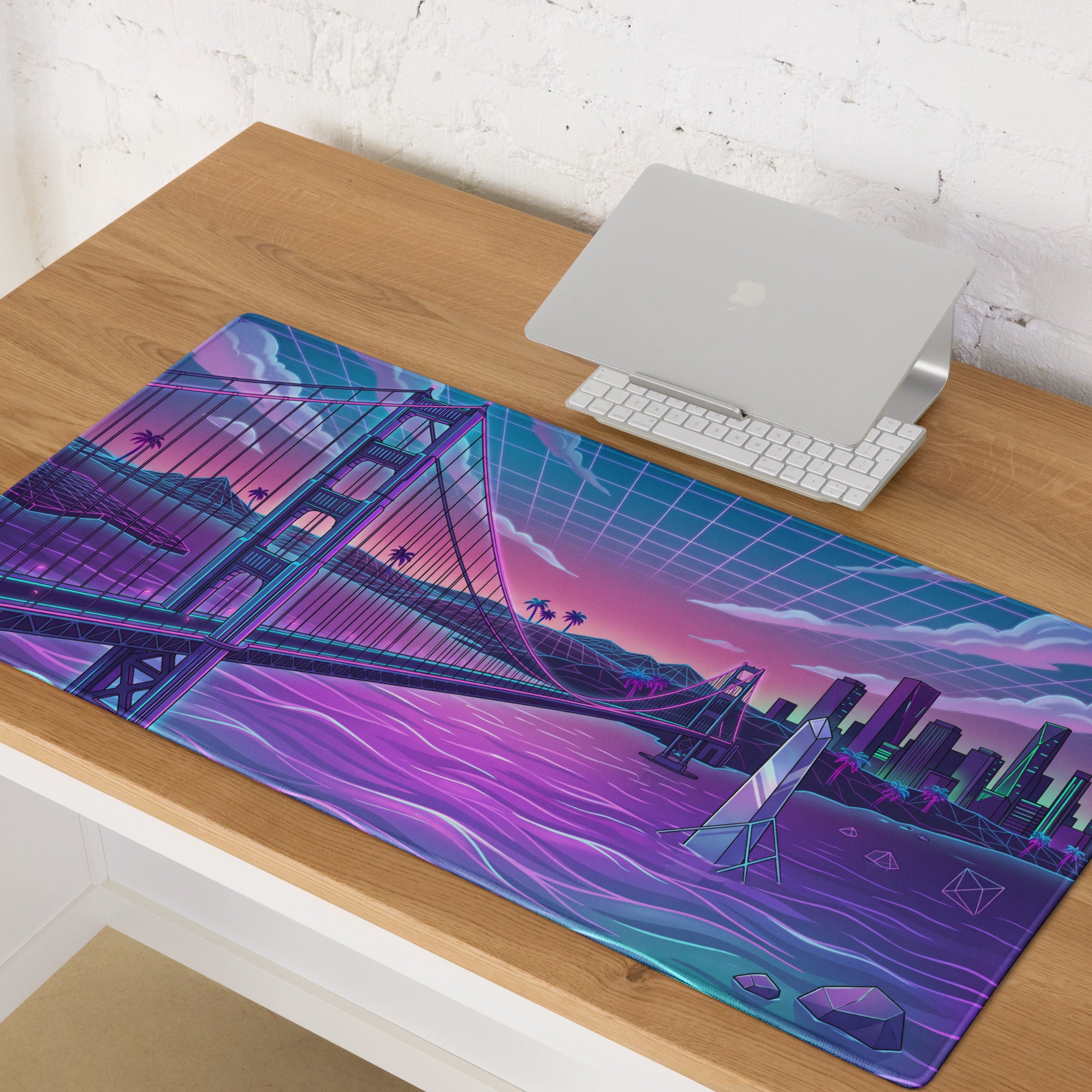 Neon Vaporwave Bridge City Pad - Mouse Pad Neon Pink Teal Gaming Desk Vaporwave Dreamy Cyberpunk Digital Art