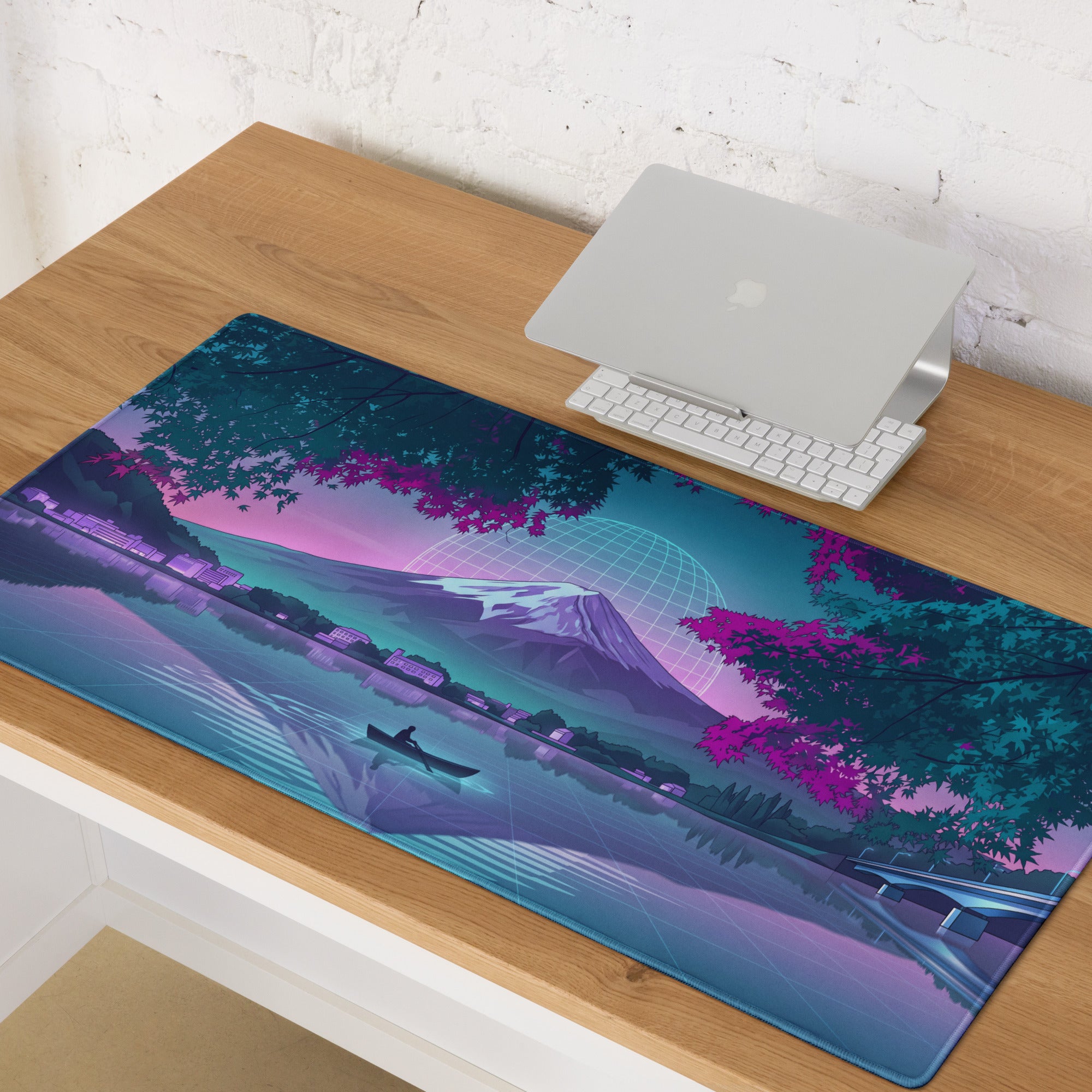 Vaporwave Neon Mountain Desk Pad - Gaming Mouse Pad Neon Purple Blue Desk Setup Vaporwave Dreamy Nostalgic