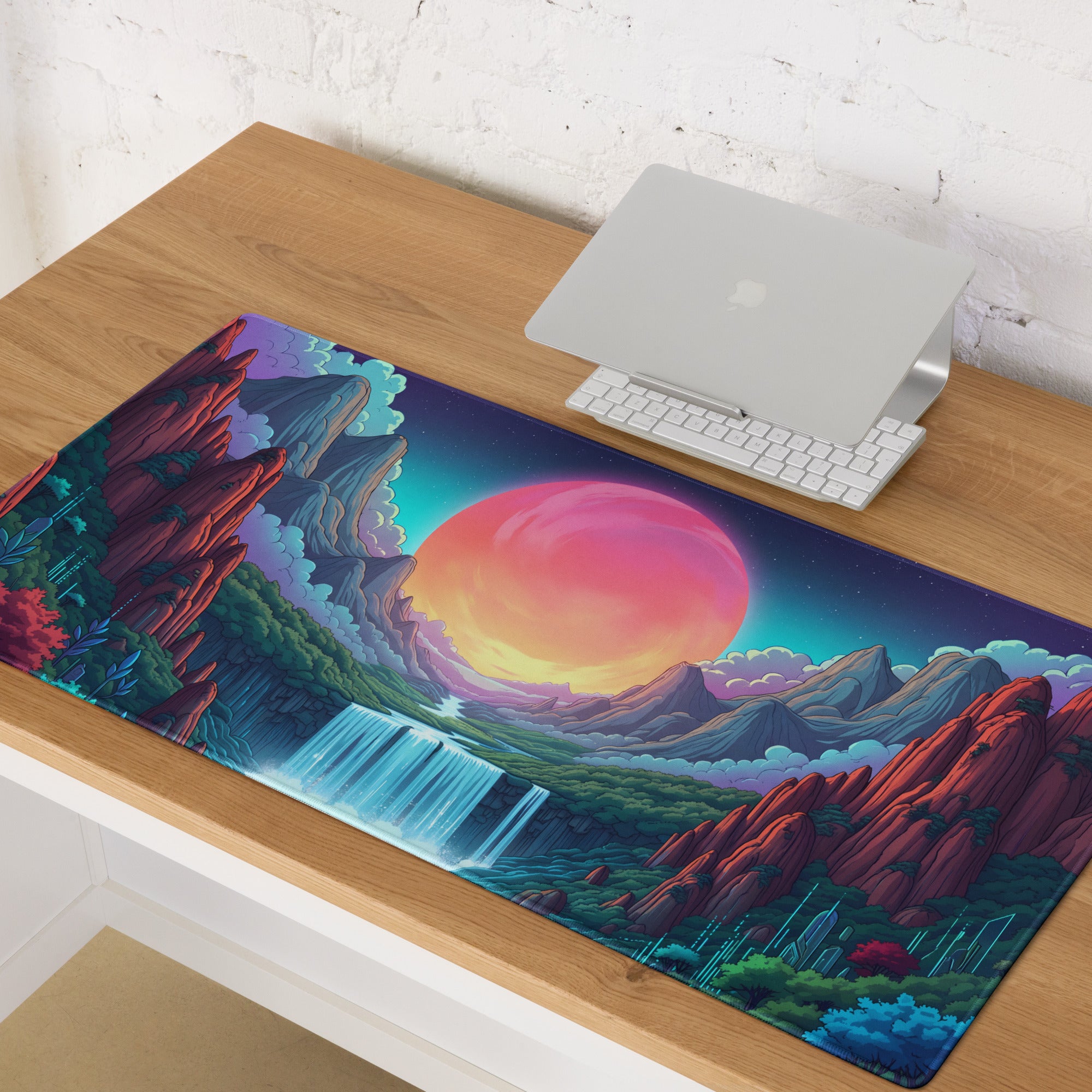 Vaporwave Neon Mountain Mouse Pad - Gaming Mouse Pad Pink Purple Turquoise Desktop Dreamy Vaporwave Landscape Digital Art