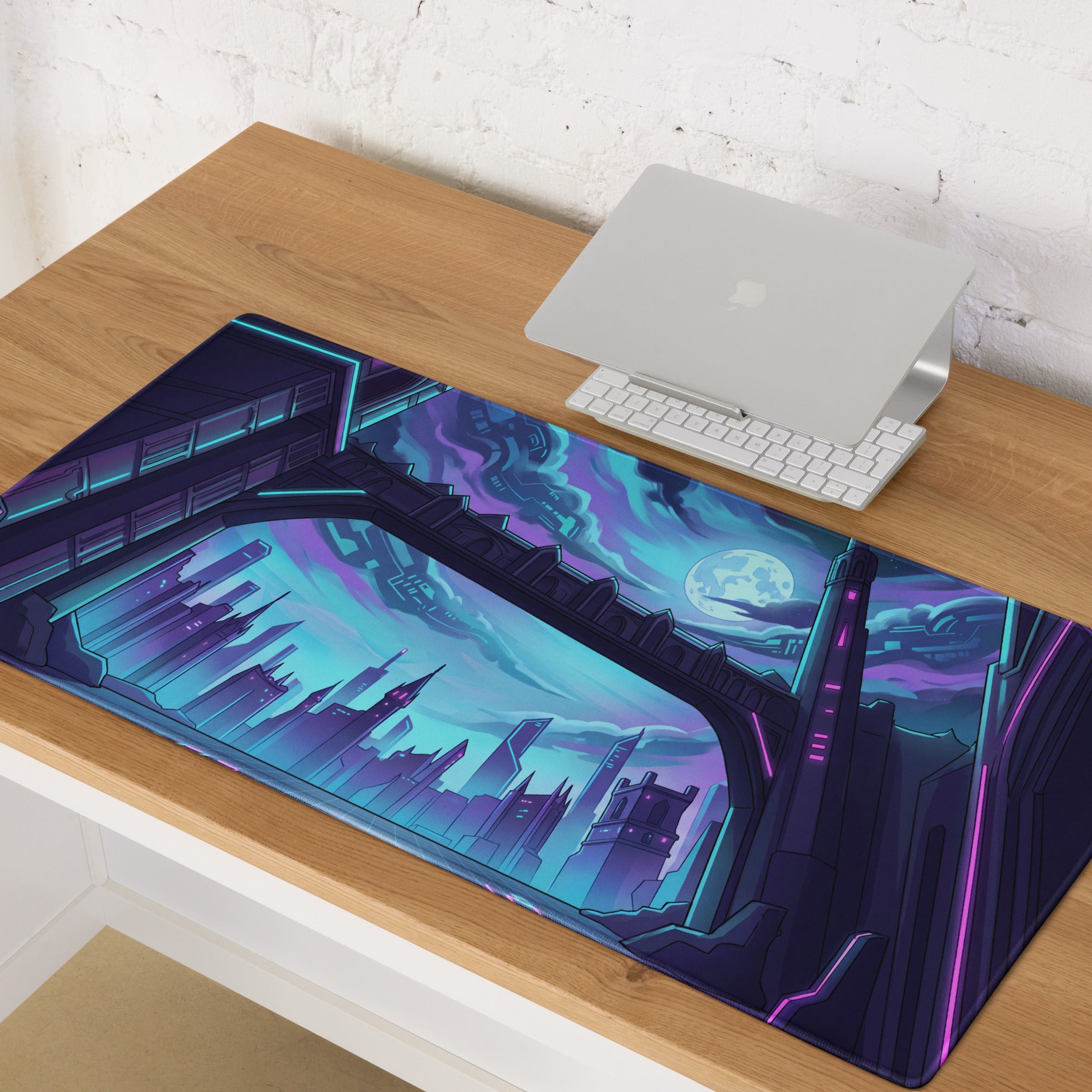 Neon Vaporwave Cityscape Mouse Pad - Cityscape Neon Purple Blue Desk Pad Vaporwave Mood Futuristic Glow