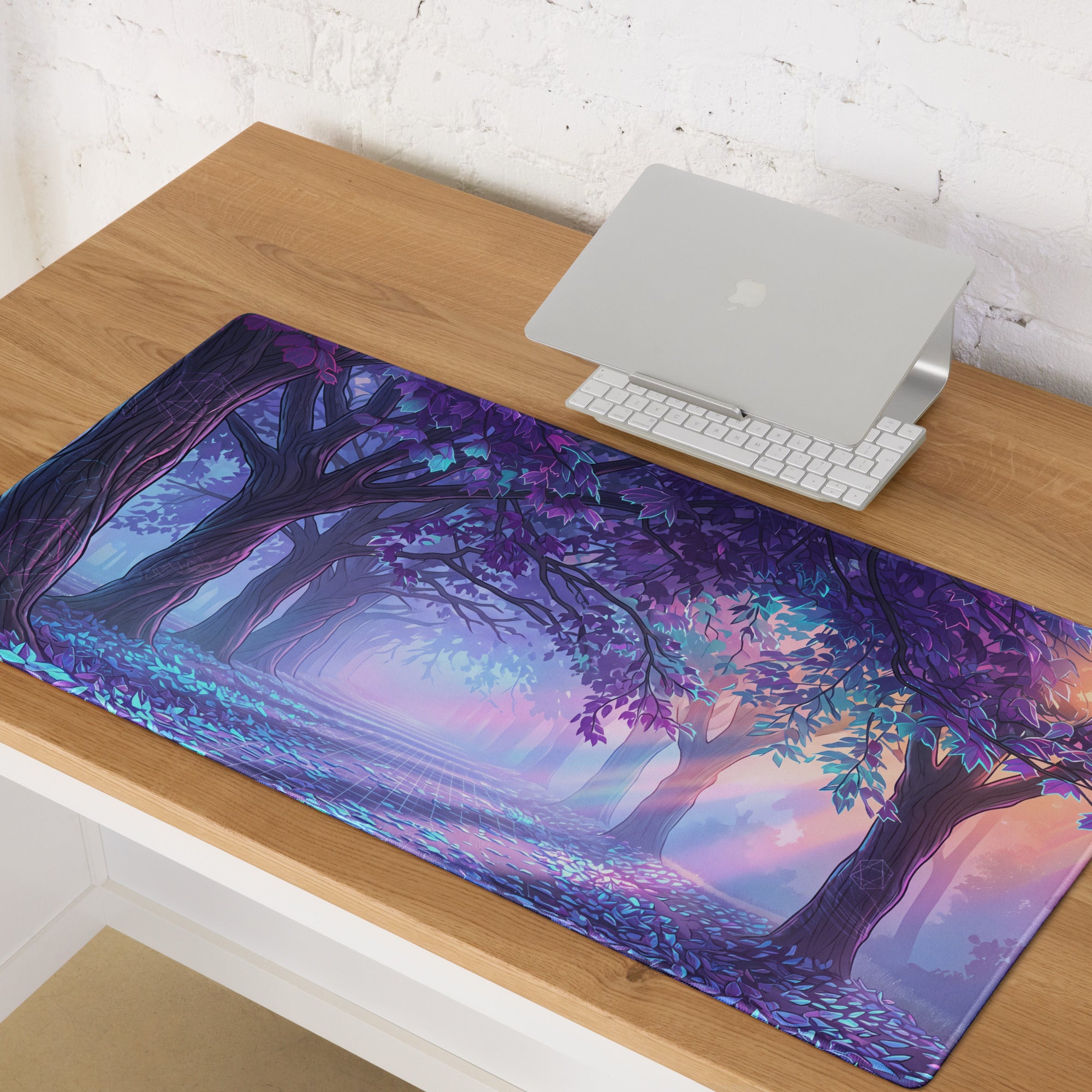 Vaporwave Forest Neon Desk Mat - Mouse Pad Purple Blue Teal Vaporwave Dreamy Nostalgic Mood Neon Cyberpunk Digital Art