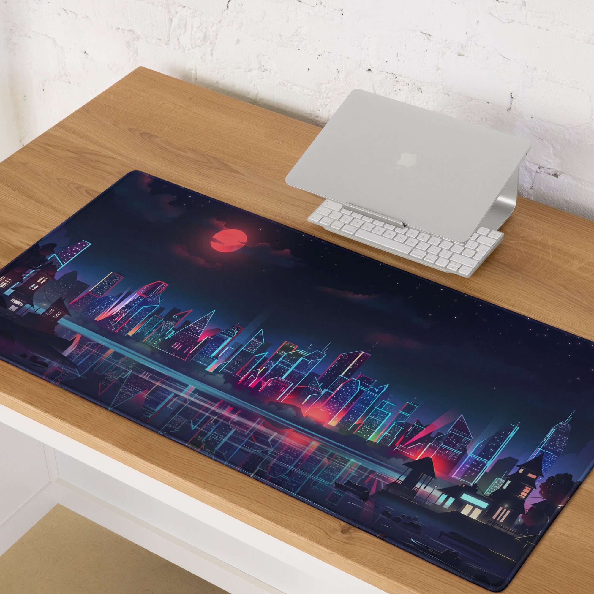 Vaporwave City Neon Mouse Pad - mouse pad neon purple pink blue vaporwave gaming desk mood cyberpunk decor