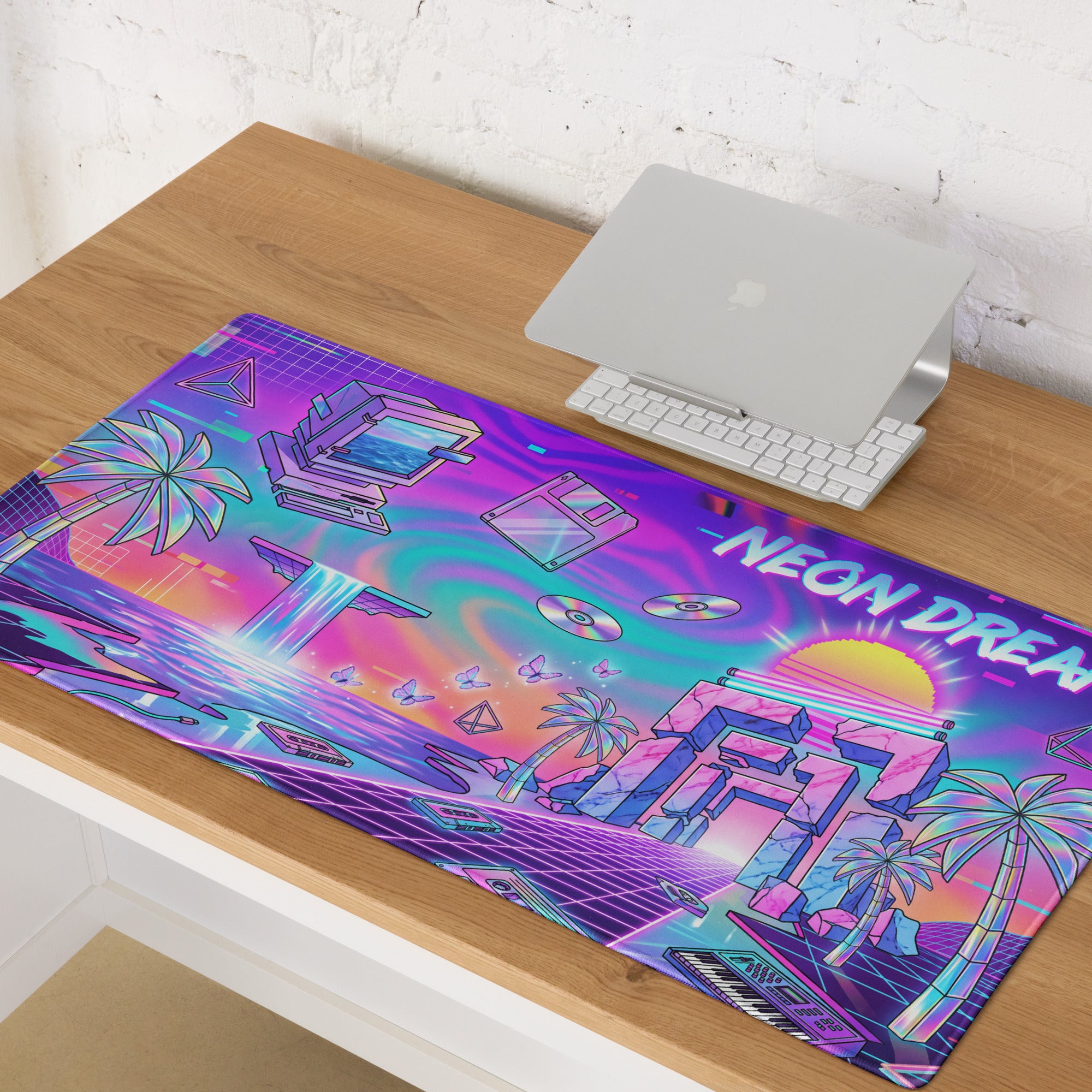 Neon Vaporwave Desktop Mouse Pad - Mouse Pad Neon Purple Cyan Desk Vaporwave Dreamy Neon Retro Futurism Large Gaming