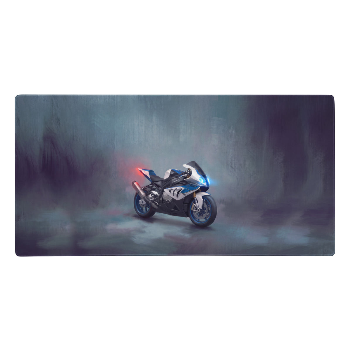 Blue and white racing motorcycle graphic on a BMW S1000RR inspired extra large gaming desk mat mousepad