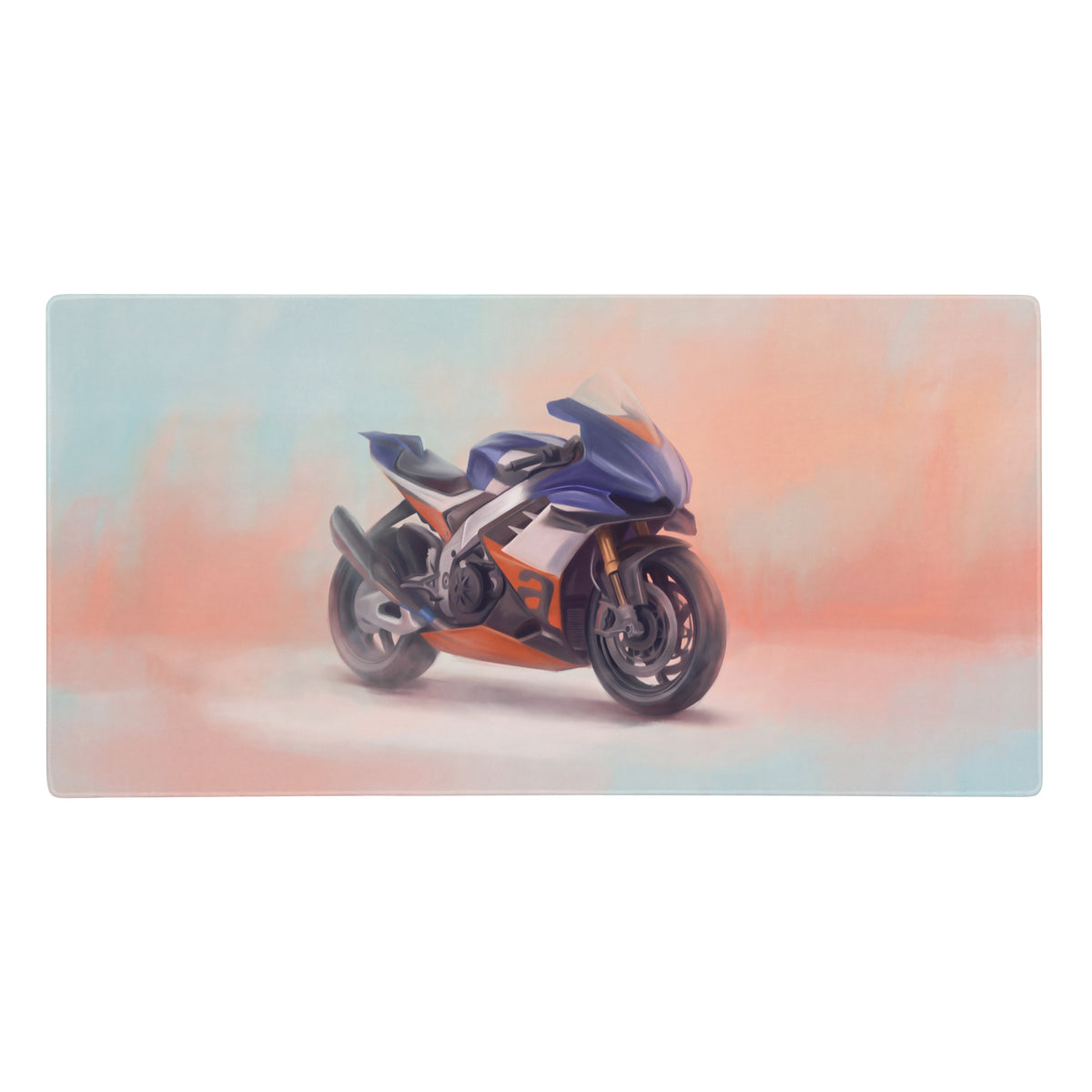 Aprilia rsv4 xtrenta inspired large mousepad with blue and orange racing motorcycle illustration on rectangular premium desk mat