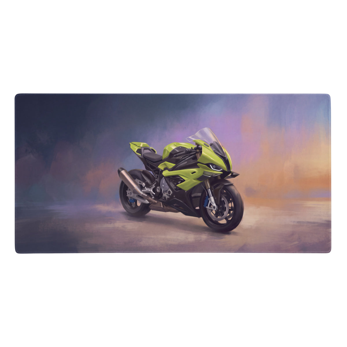 Vibrant lime green and black BMW S1000RR custom inspired sport motorcycle on extended gaming mouse pad for office setup