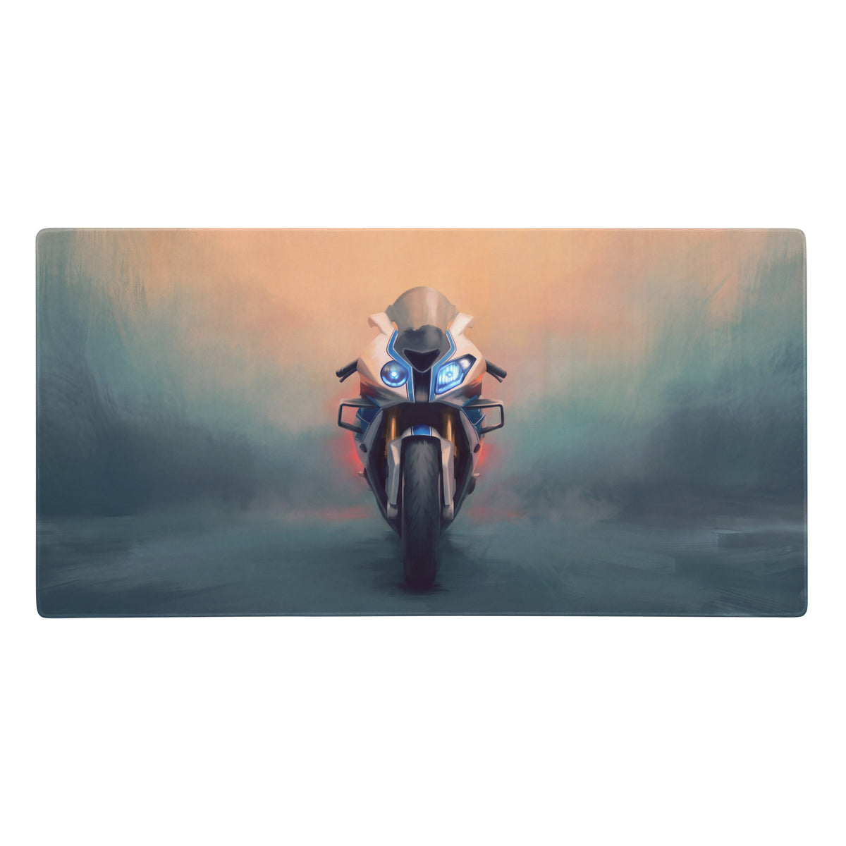 Bmw s1000rr inspired extra large desk mat featuring a sleek futuristic motorcycle with glowing blue headlights and red taillights