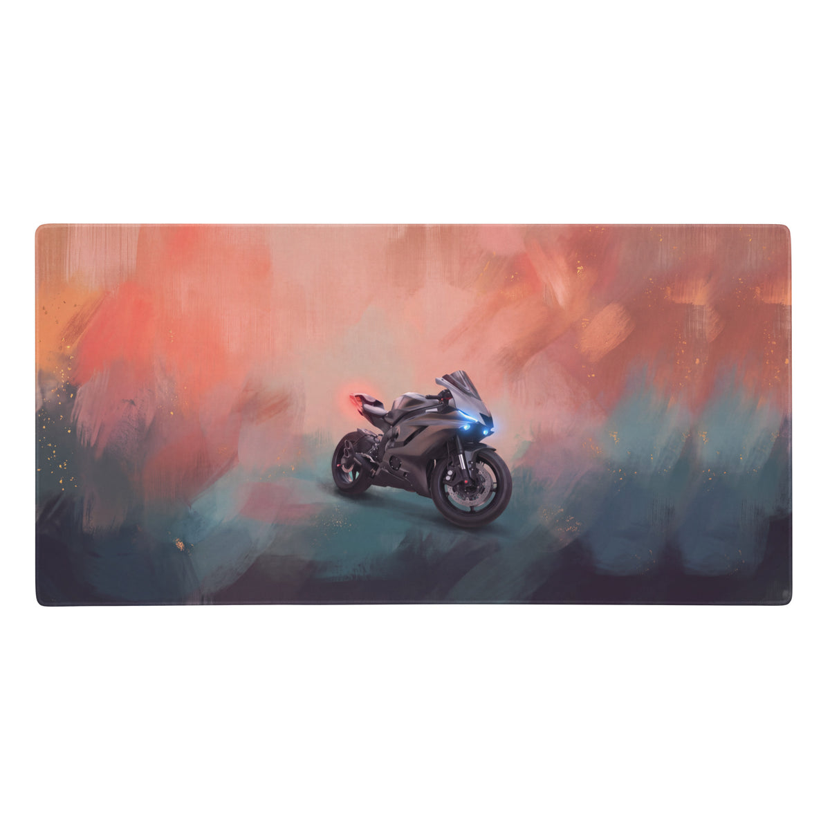 Yamaha YZF-R6 inspired large mousepad featuring a sleek black sport motorcycle with blue headlights and red taillights