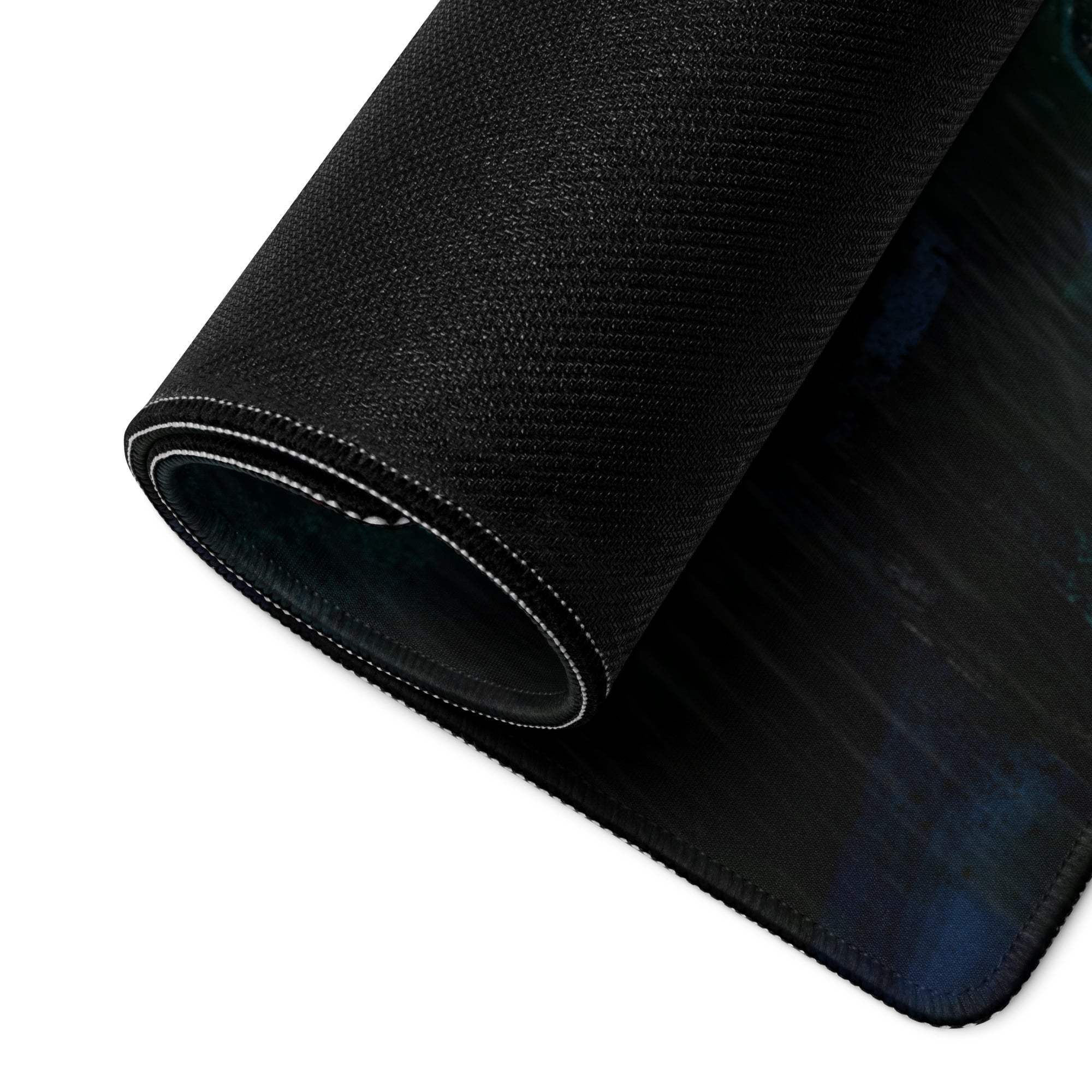Black textured mousepad with subtle blue gradient and white stitching for gaming neon cyberpunk vibrant decor