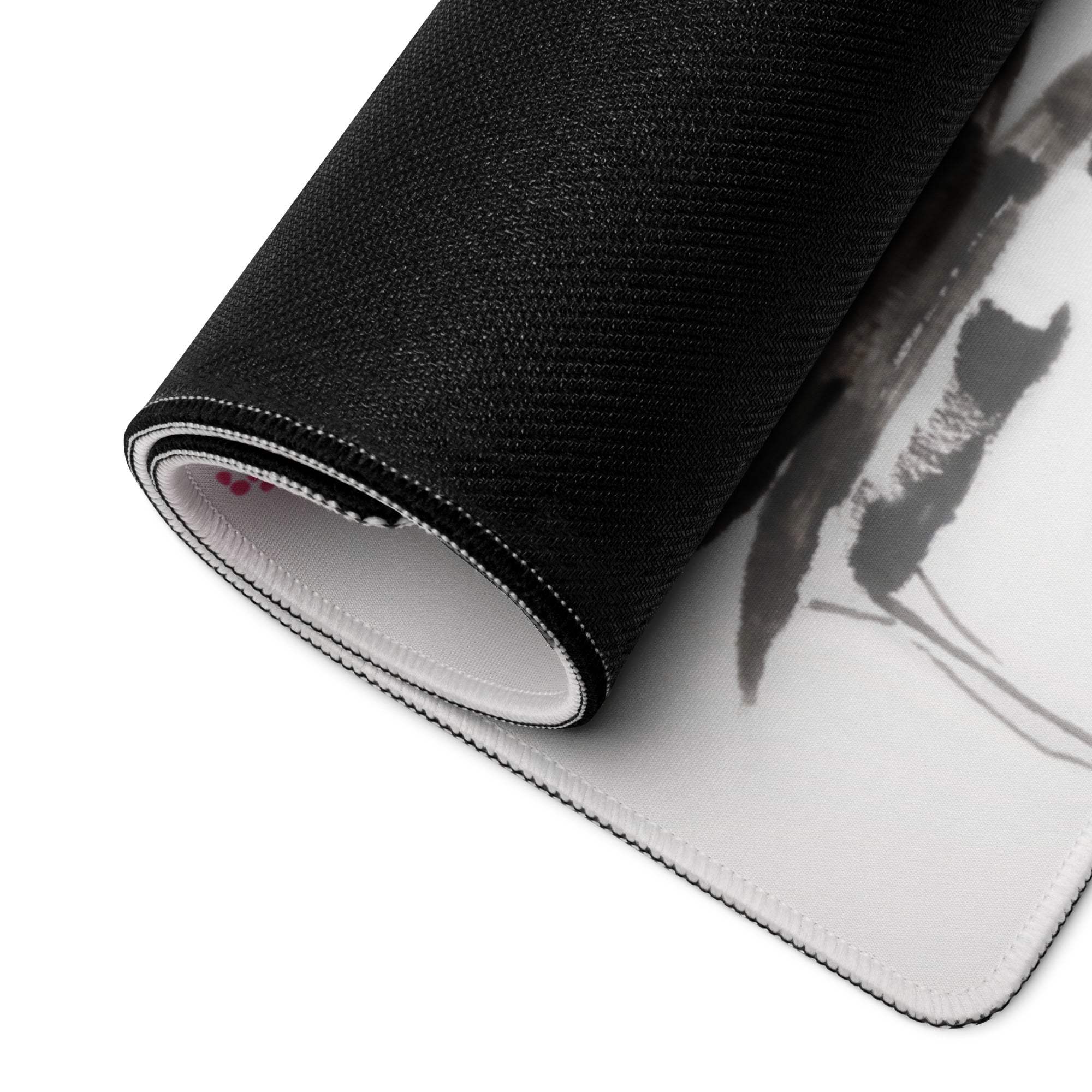 Black and white cherry blossom sumi e desk pad with textured non slip surface and abstract ink painting design
