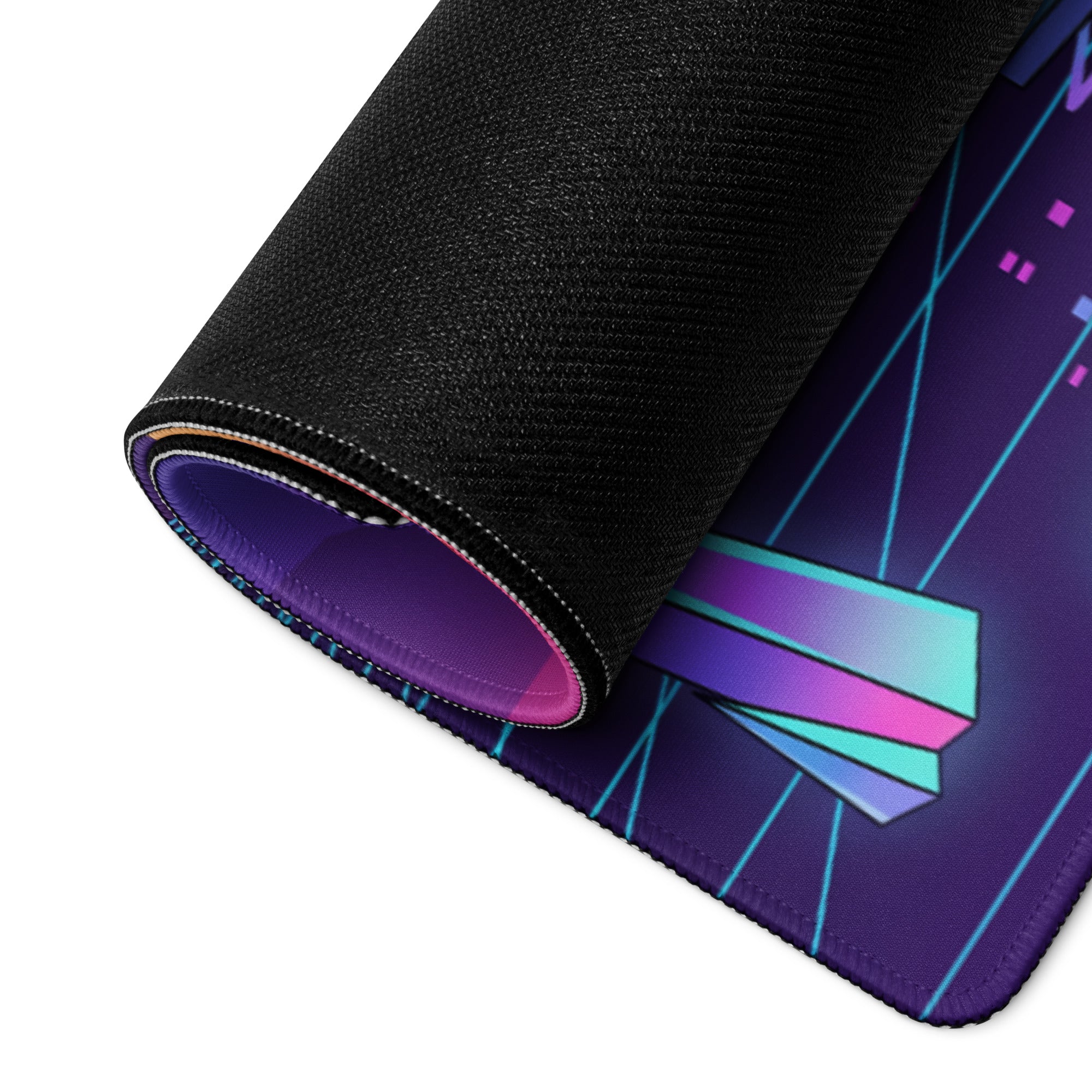 Ford Mustang Dark Horse Inspired Silver Vaporwave Gaming Mouse Pad – Neon Purple Mountain Desk Mat with Retro Futuristic Grid and Crystal Art