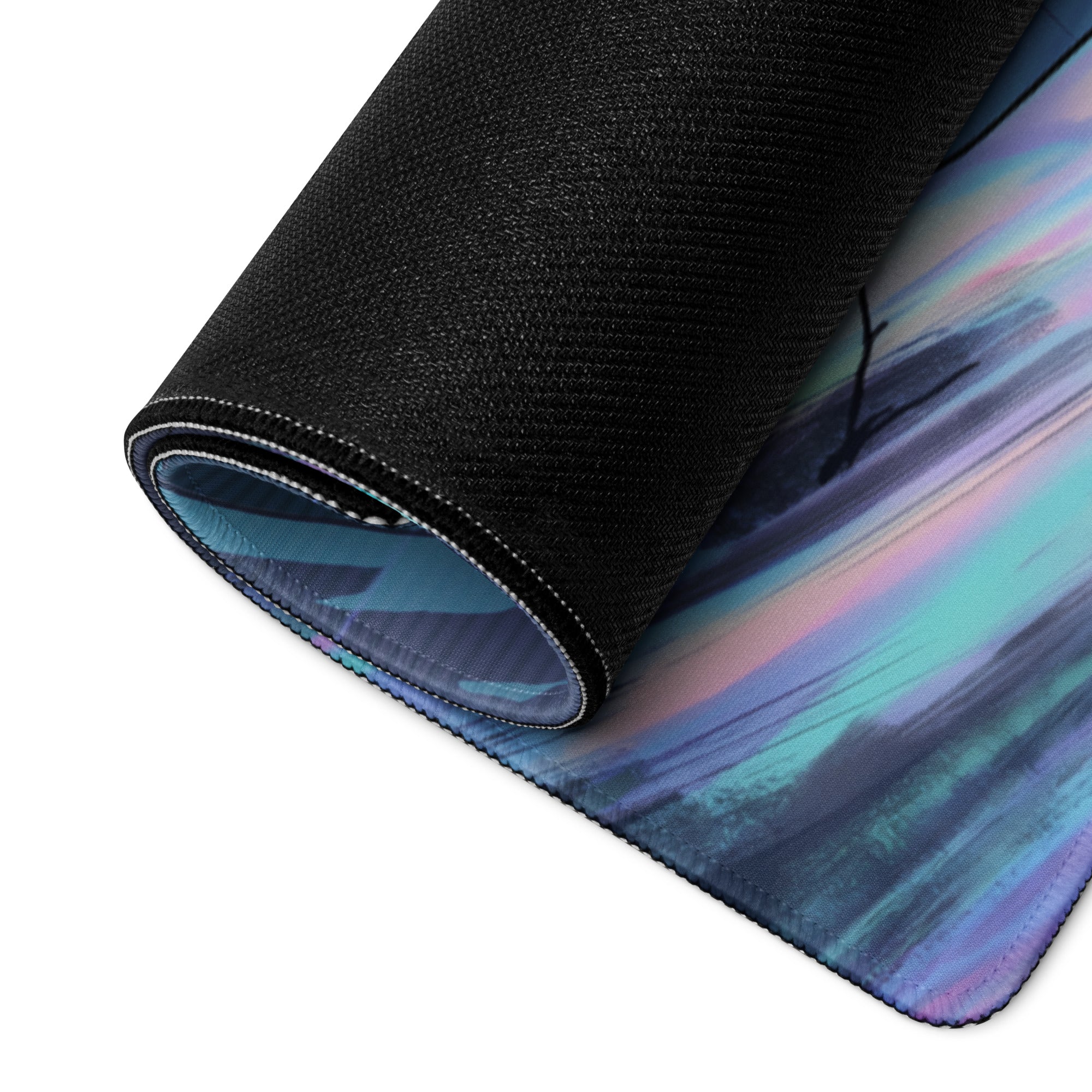 A rolled-up vaporwave ice fortress gaming mousepad with iridescent blue purple and pink abstract design