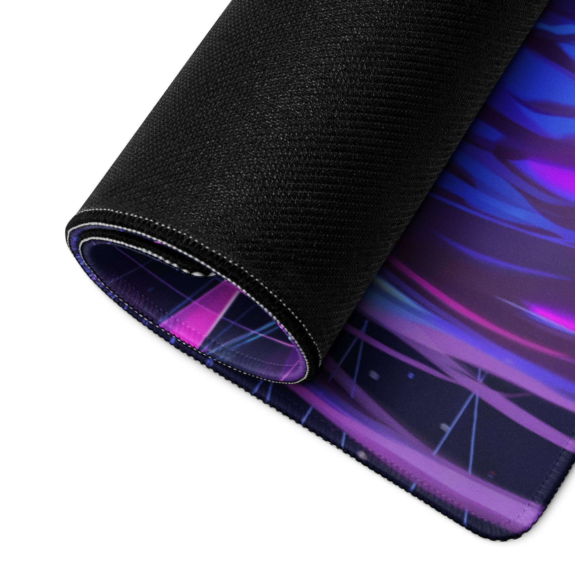 Rolled-up vaporwave neon anime mouse pad with vibrant purple blue cosmic surface and black textured underside