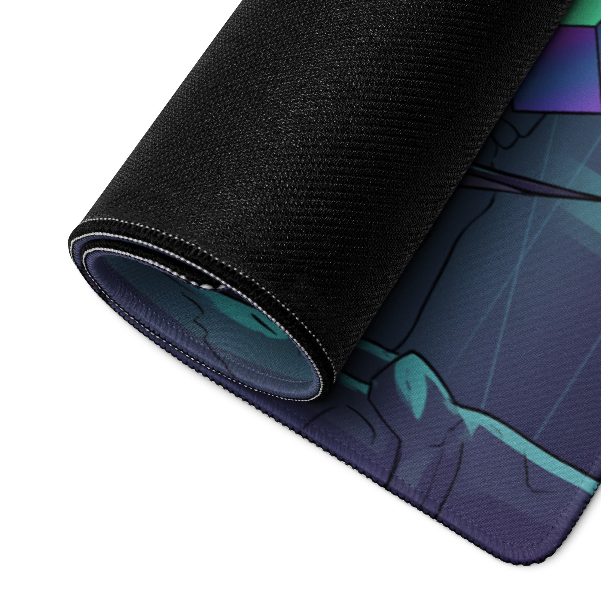 Black textured gaming mousepad with rolled edge featuring teal and purple vaporwave cartoon characters design