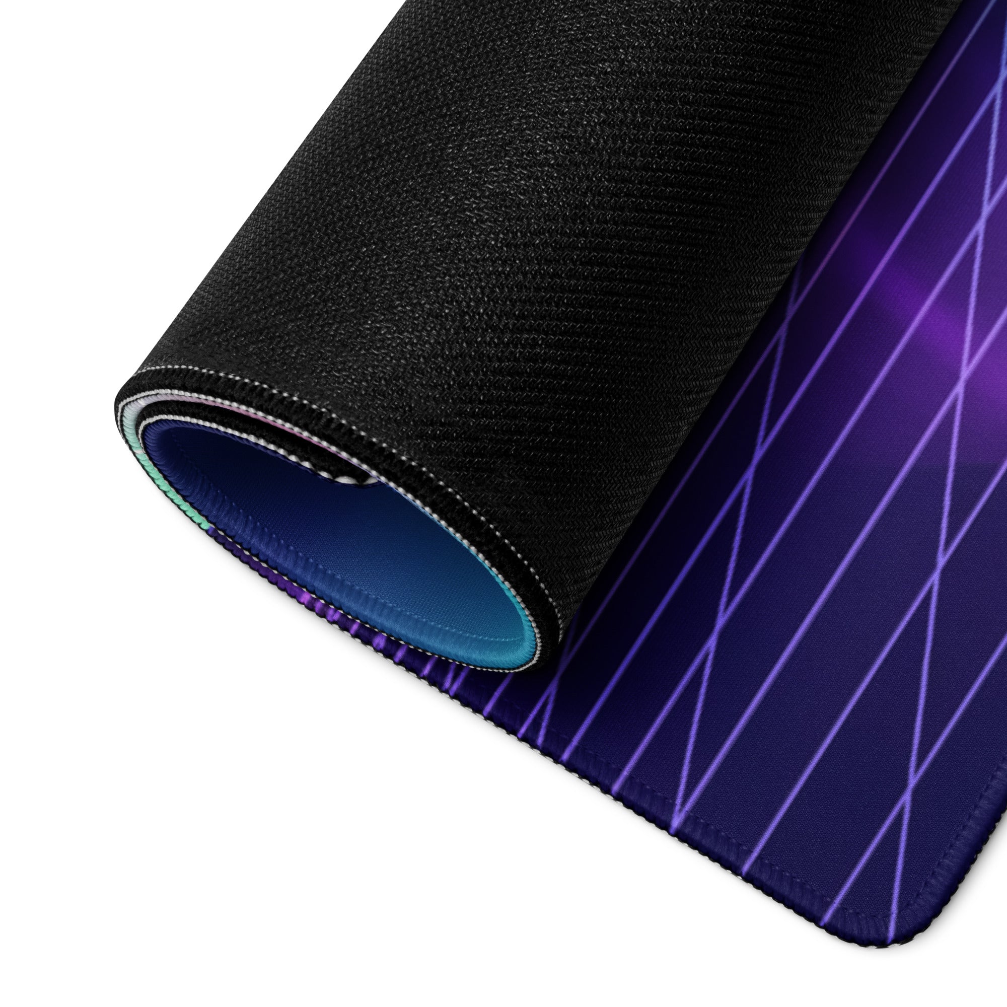 A rolled-up neon vaporwave gamer pad with black textured outer layer and vibrant purple blue diagonal lines design