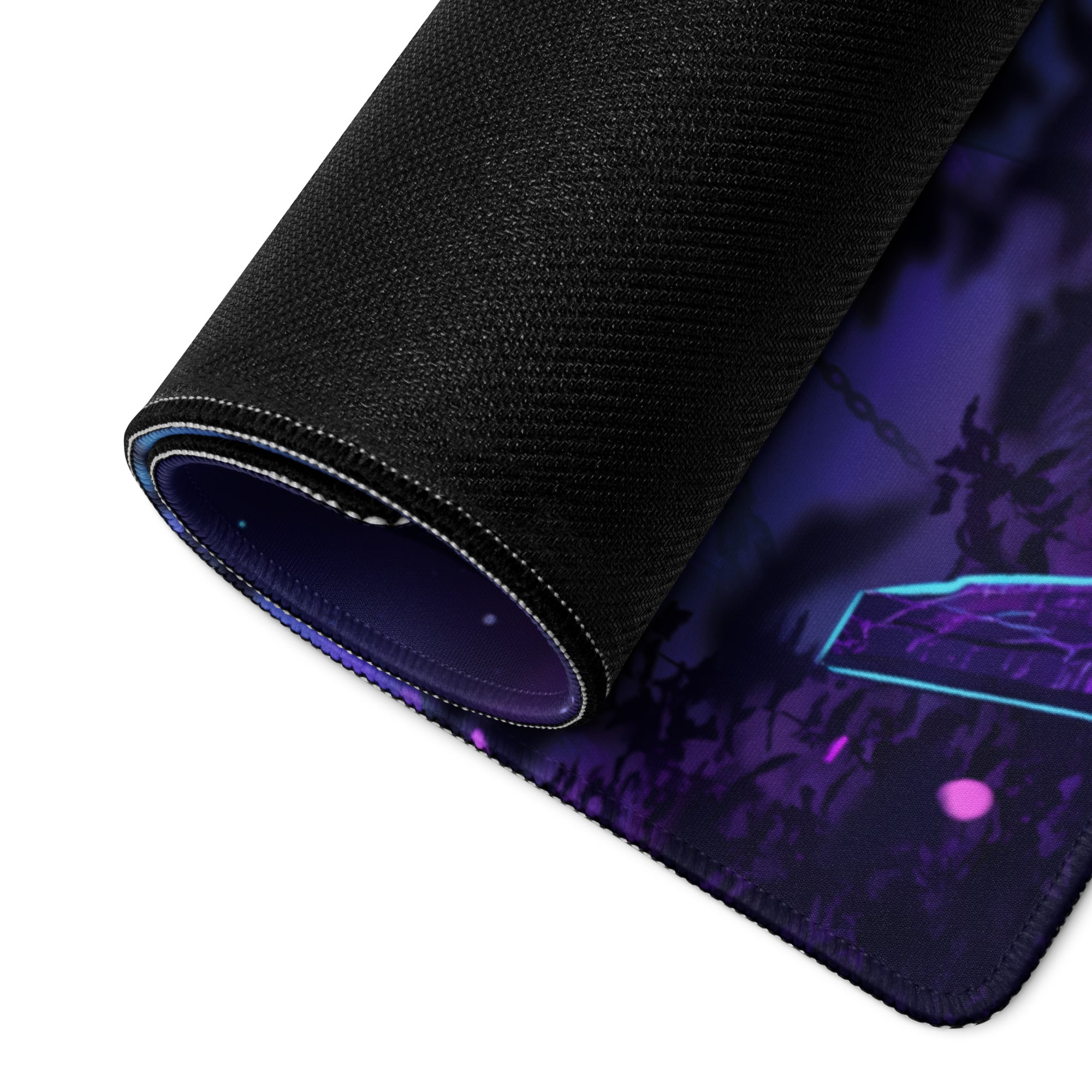 A rolled-up black gaming mousepad with vibrant purple and blue vaporwave neon dragon design and glowing accents