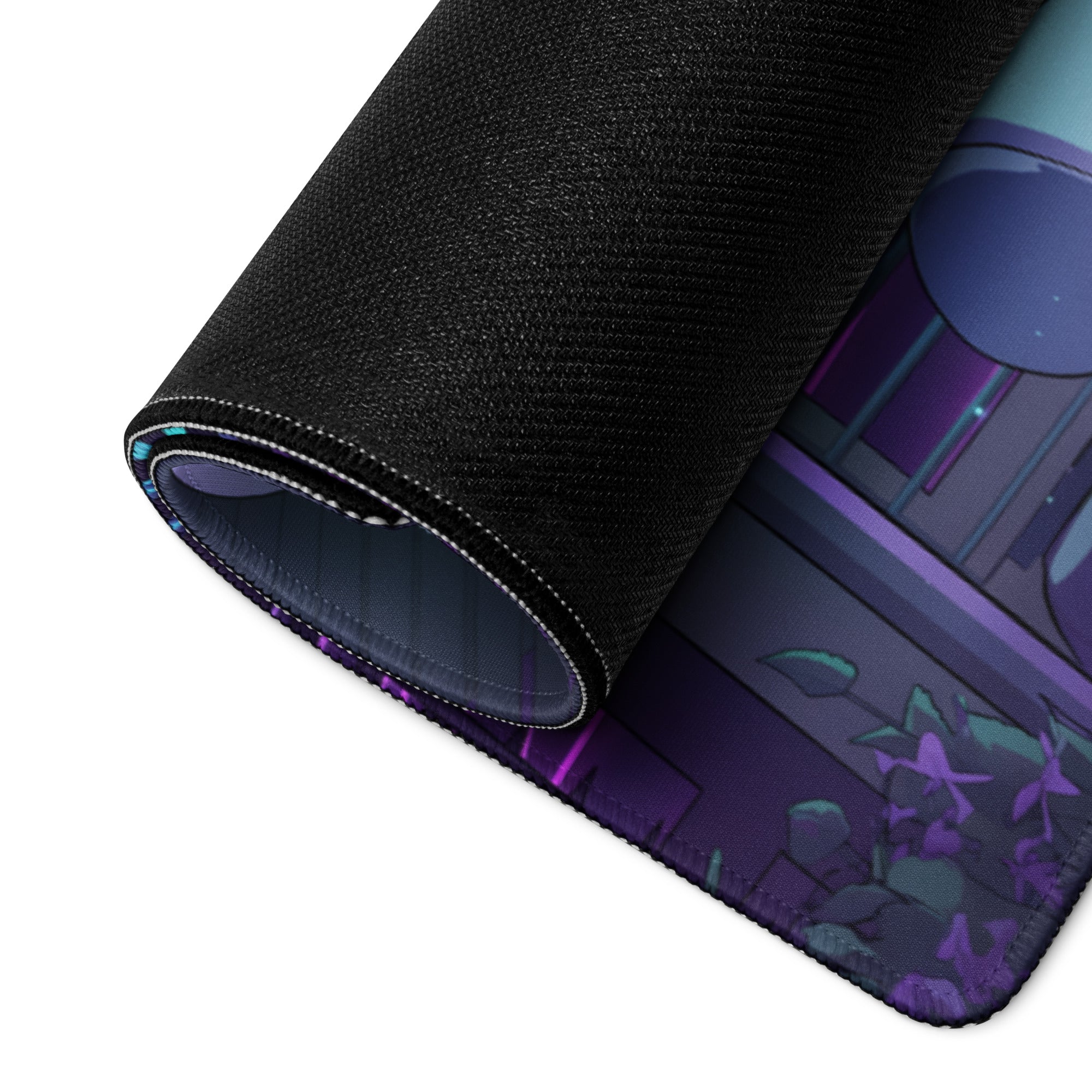 A rolled-up black gaming mouse pad with vibrant purple and teal anime-style neon vaporwave design for desk setup