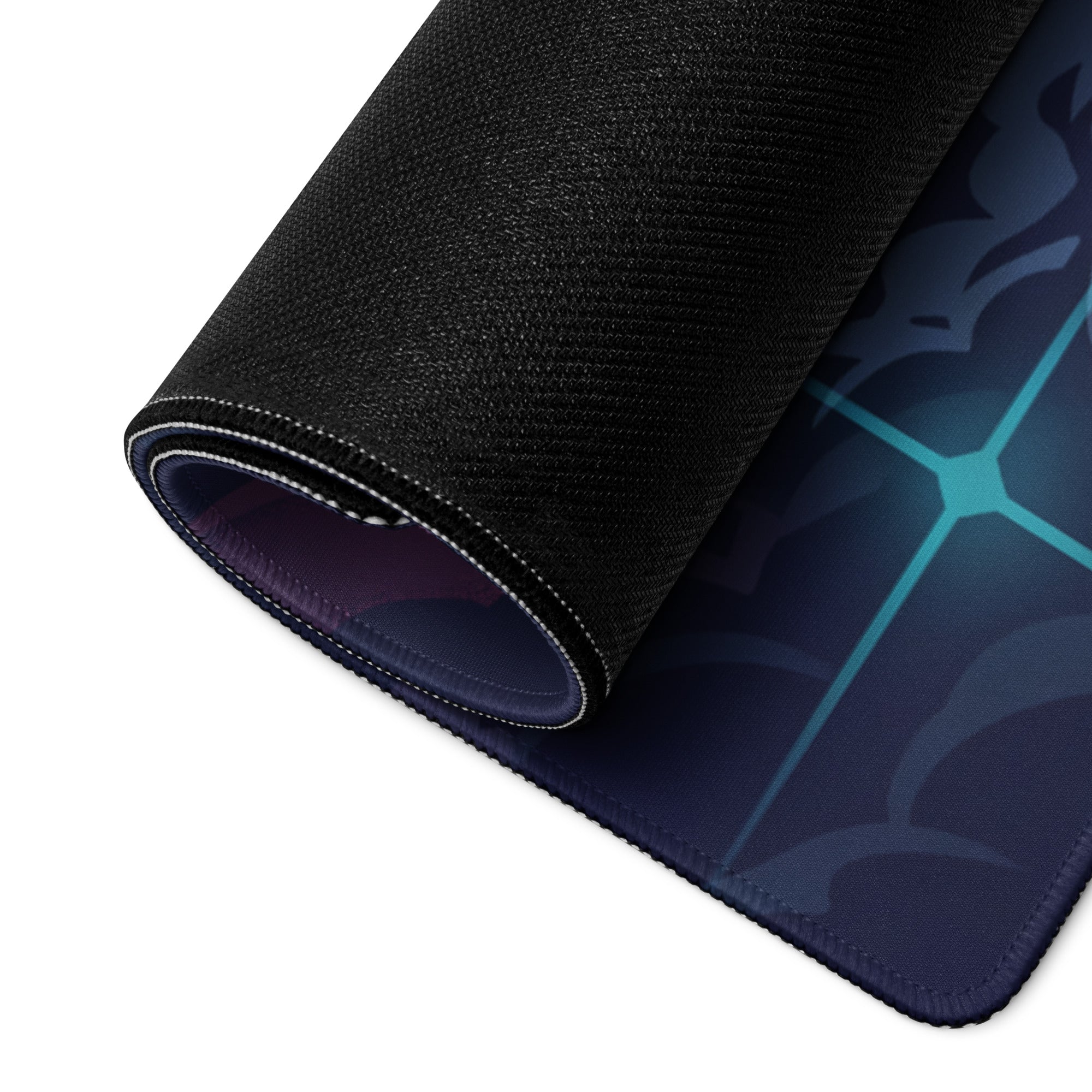 Black and navy blue gaming mousepad with textured surface and glowing teal geometric vaporwave neon design