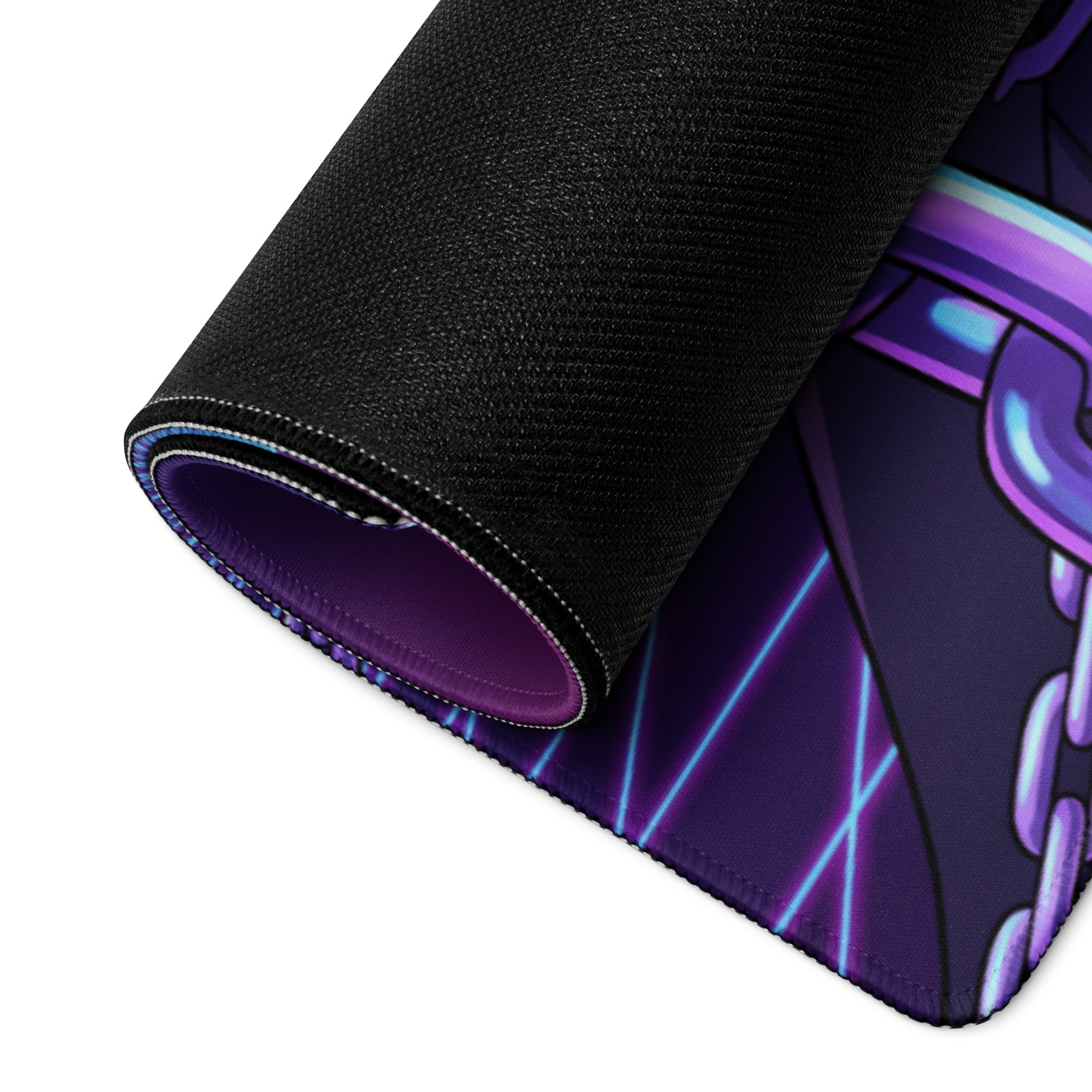 Rolled-up black gaming mousepad with a vibrant purple and blue neon anime-style design for desk decor