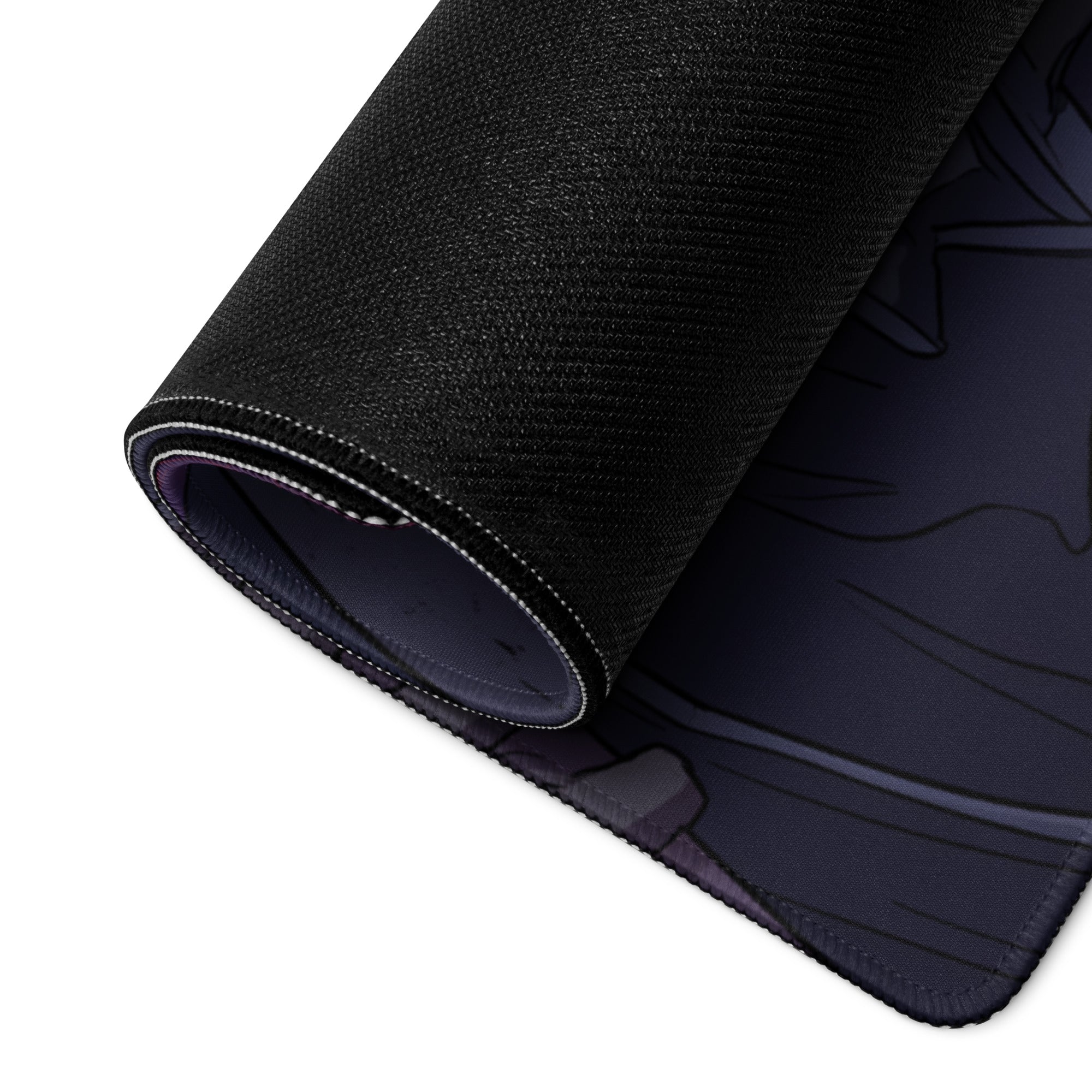 Black textured gaming mousepad with neon vaporwave skeleton design and white stitched edges for cyberpunk desk decor
