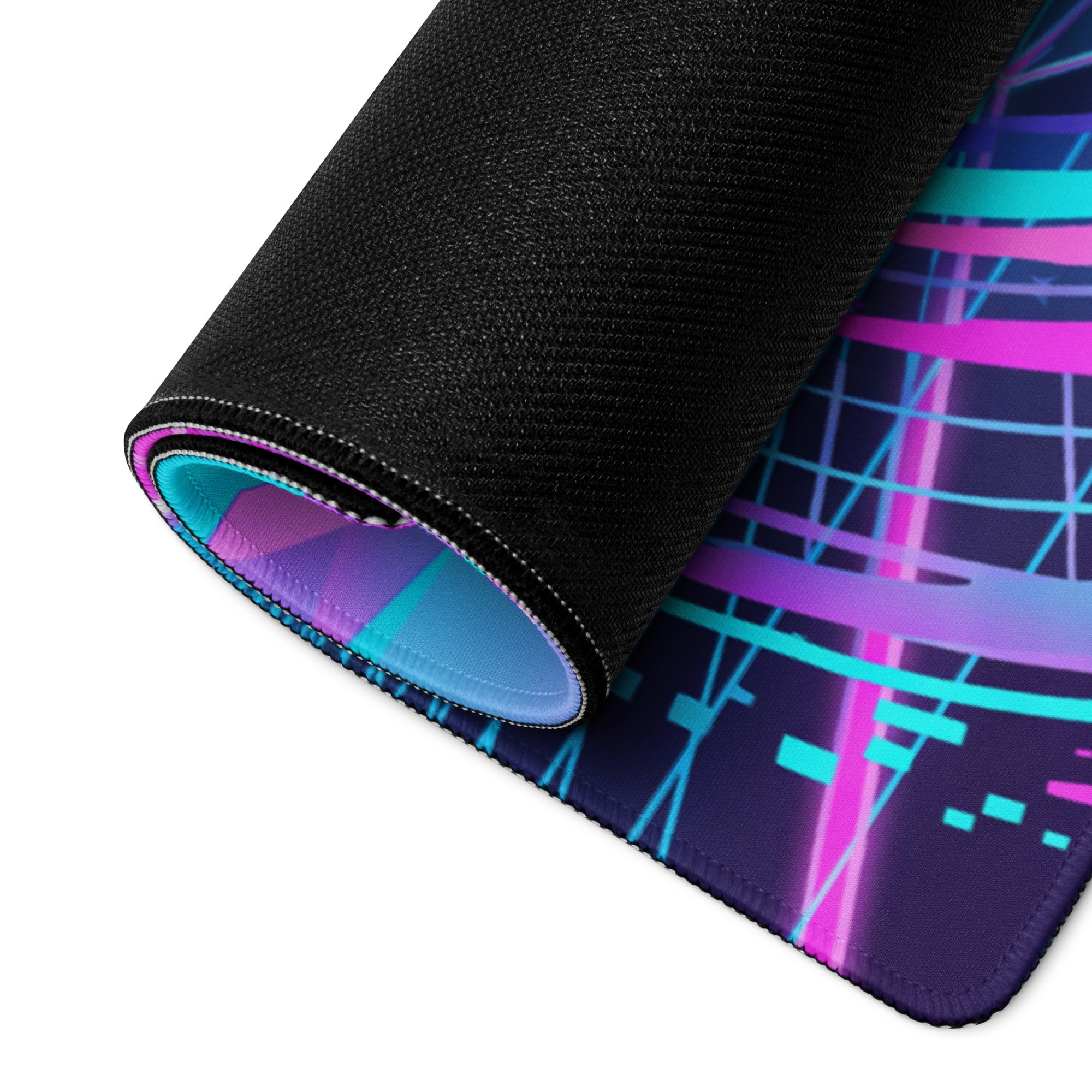 Rolled-up vaporwave neon warrior gaming mousepad with vibrant pink cyan and purple grid design on dark surface
