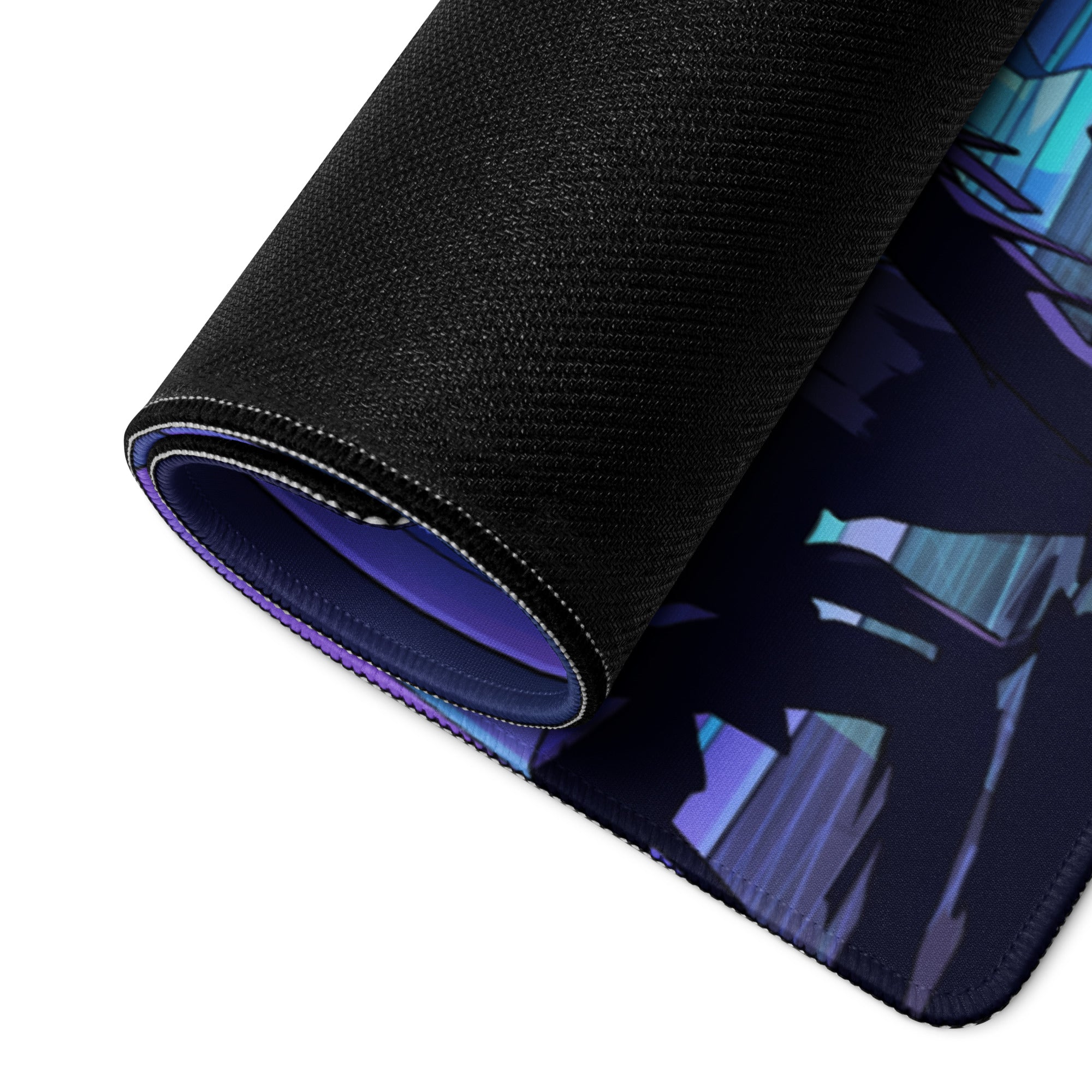 Black textured mousepad with rolled edge featuring vaporwave neon city anime illustration in purple and blue shades