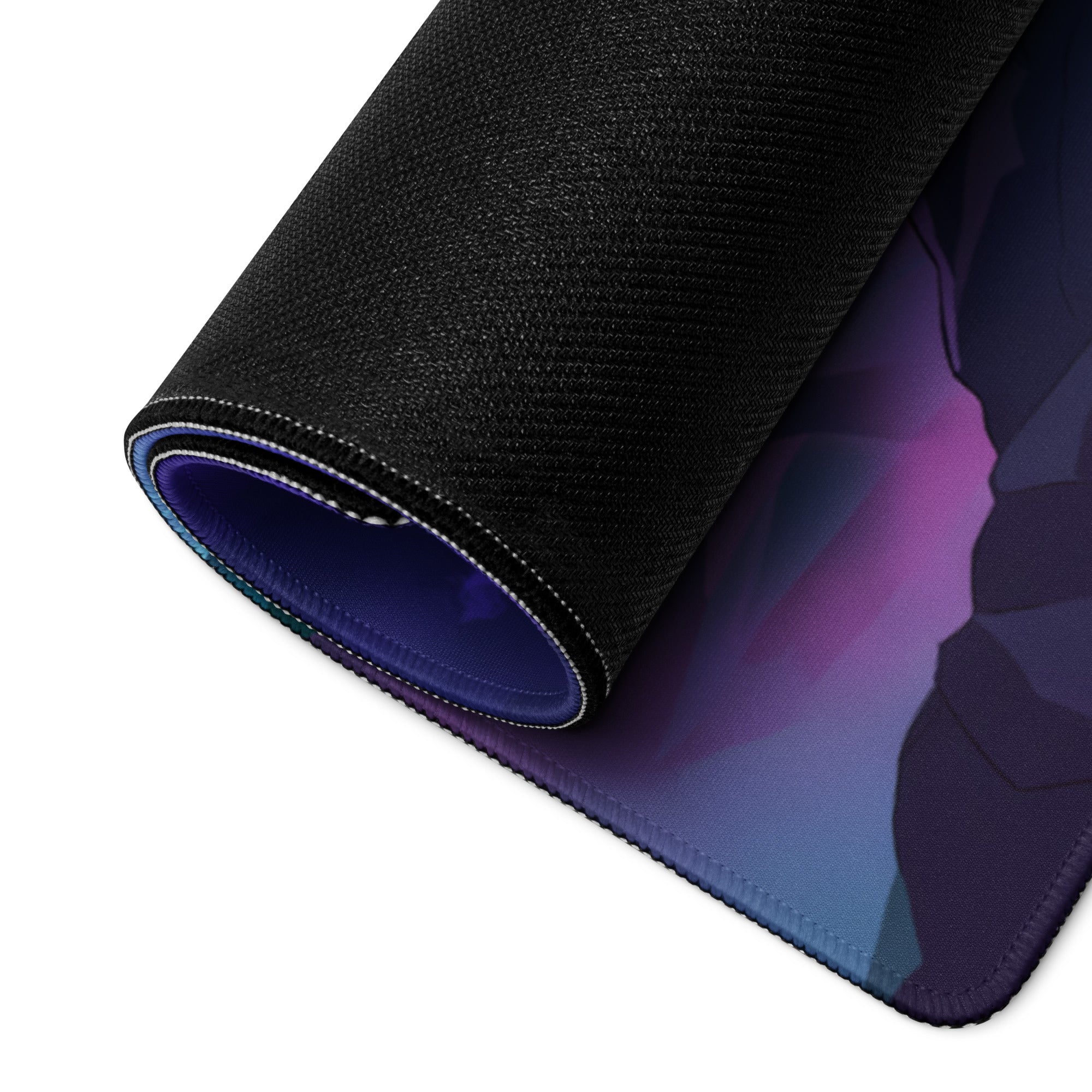 Black textured mousepad with vibrant purple and blue geometric neon city vaporwave design for desk decor