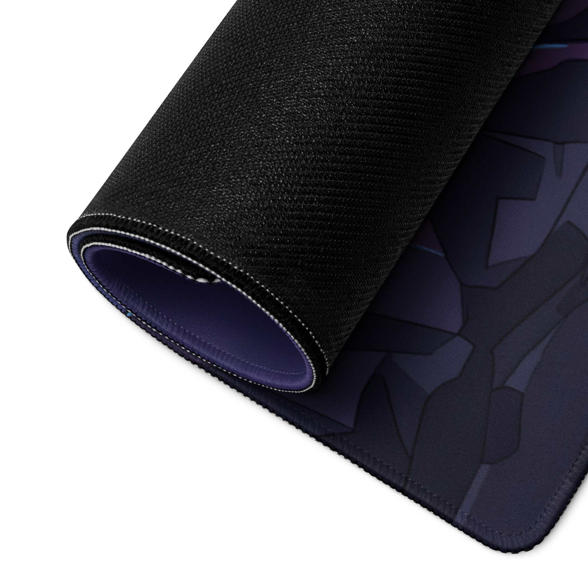 Neon vaporwave gaming mouse pad with black textured surface dark purple geometric design and white stitched edge