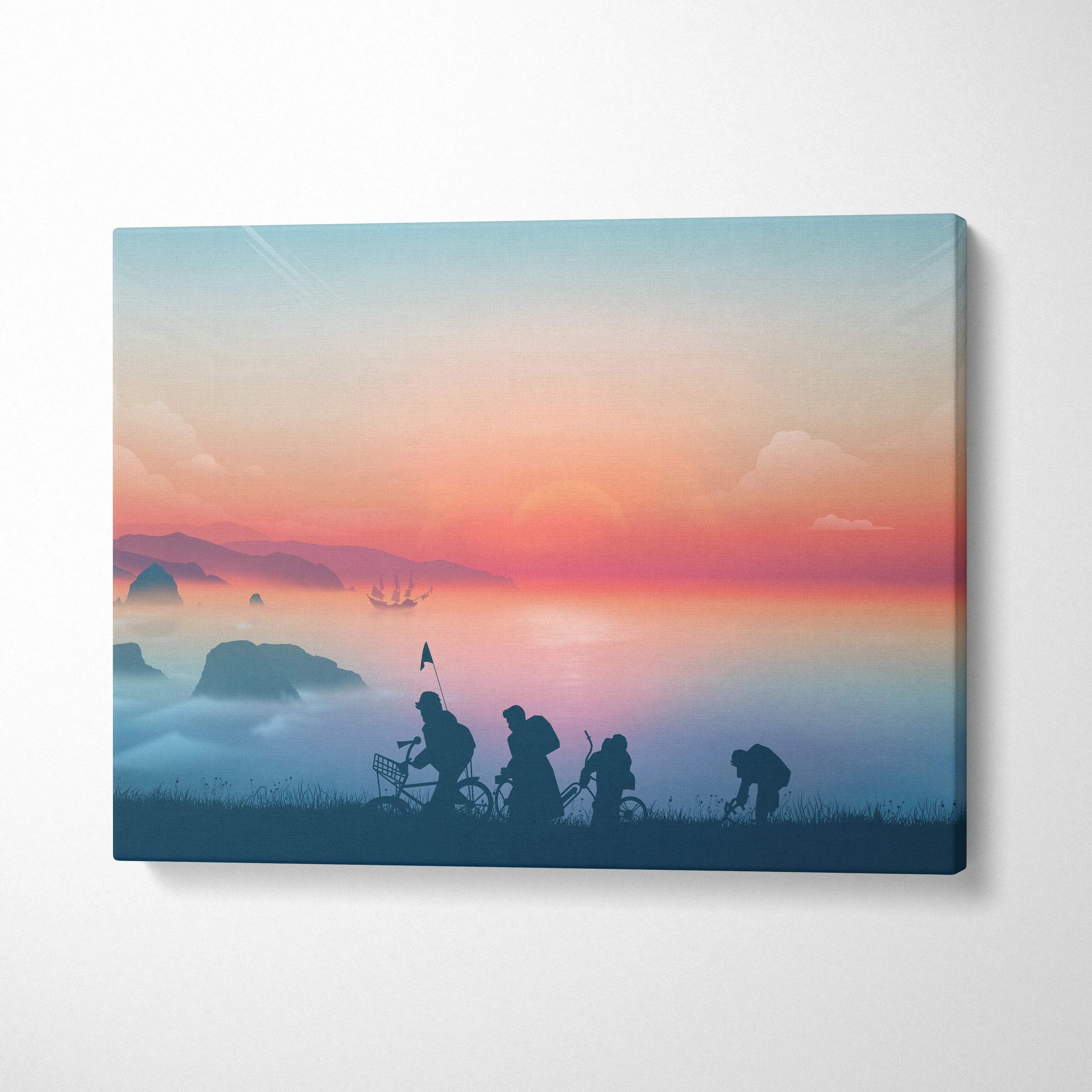 Goonies-inspired kids on bikes silhouette canvas at misty coastline sunset