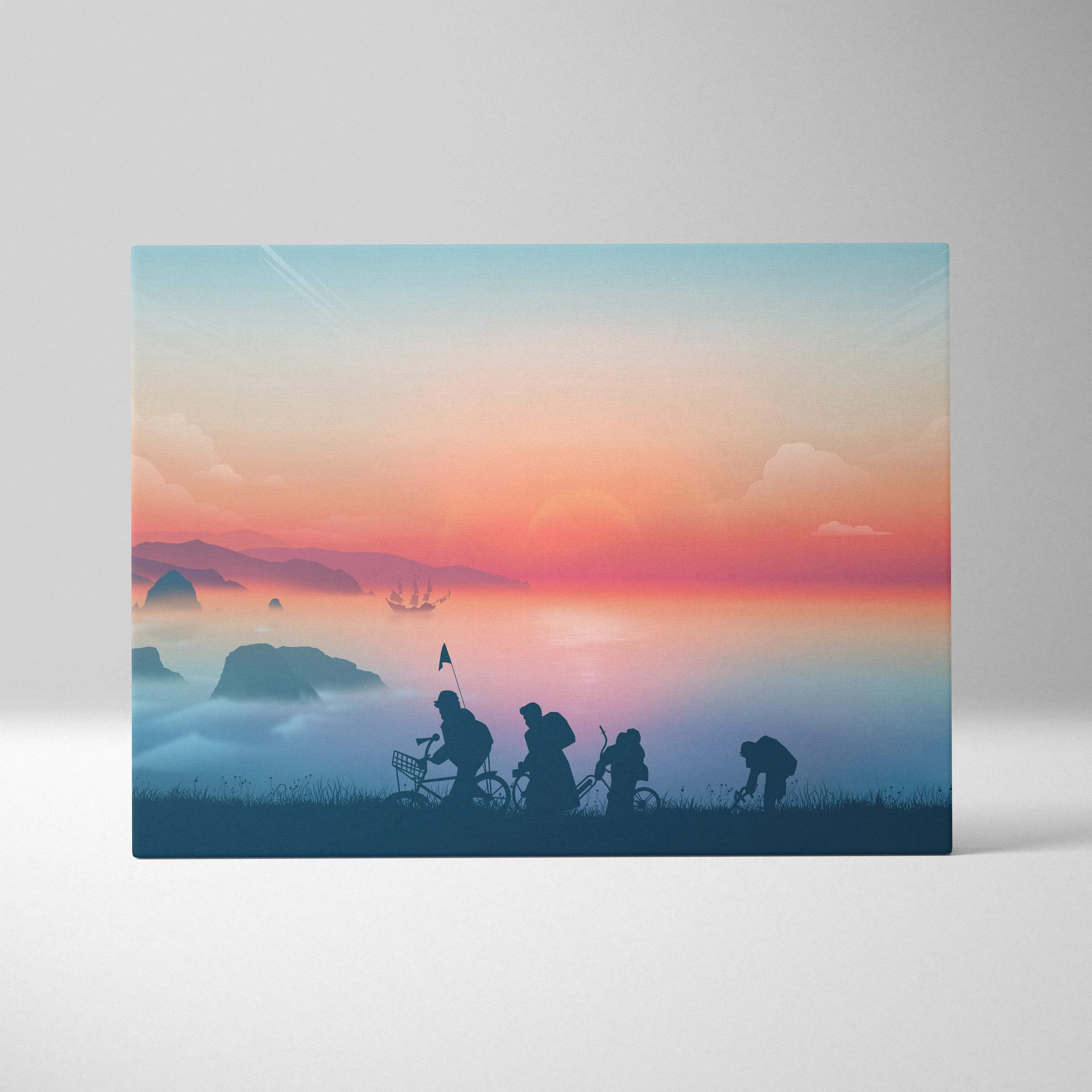 Goonies-inspired silhouette canvas of kids on bikes at misty sunset coastline