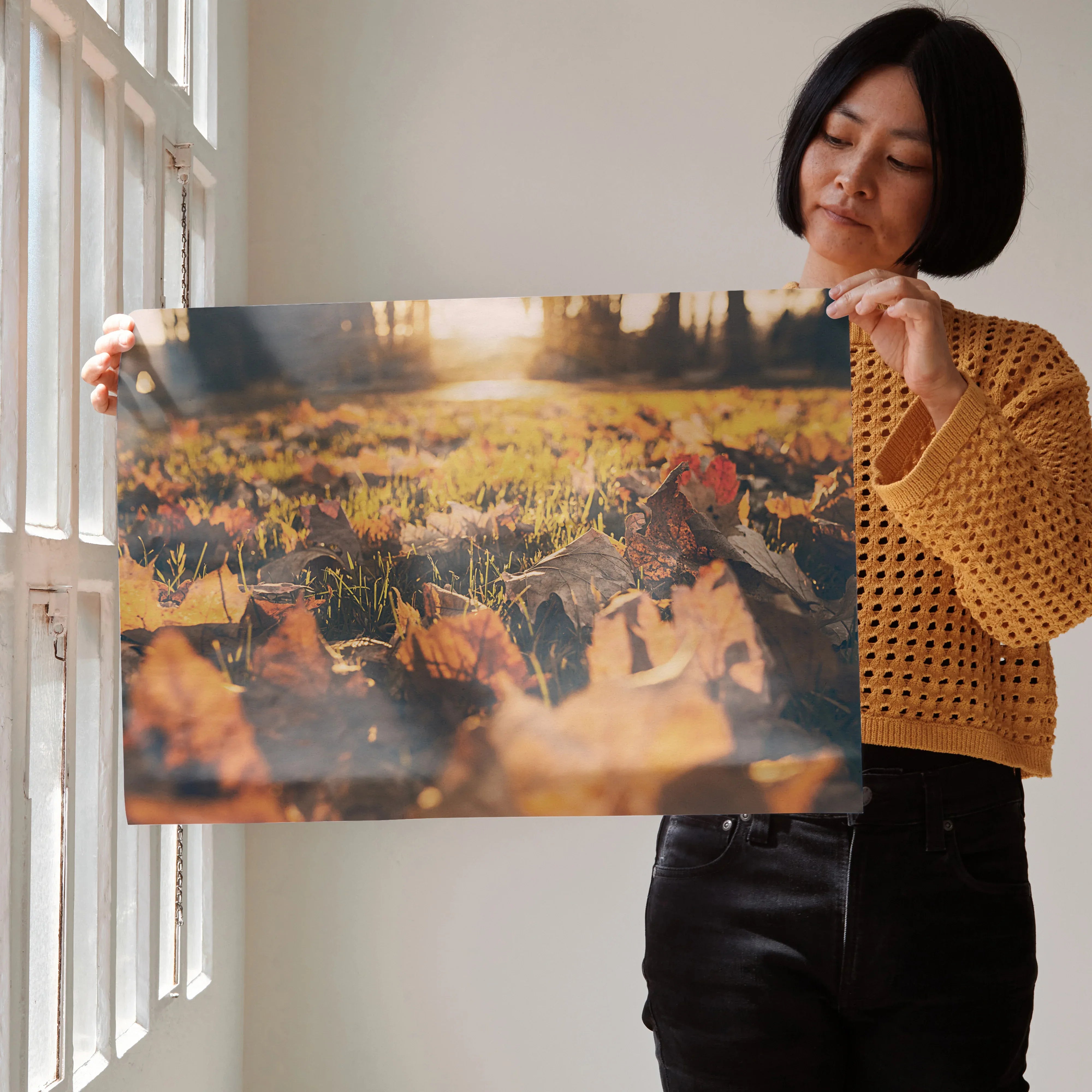 Autumn leaves close-up poster with warm golden sunlight, vibrant wall art nature scene.