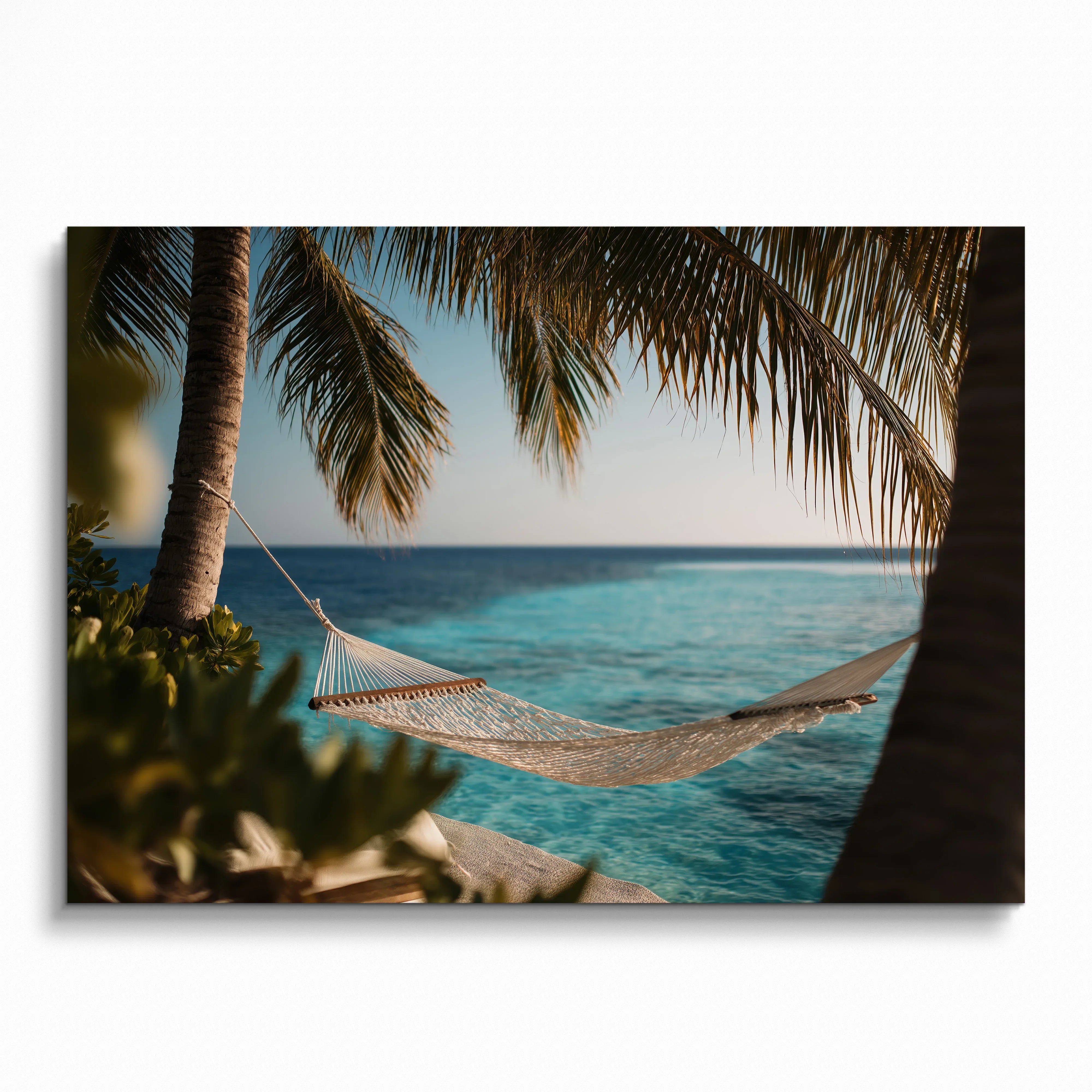 Ocean waves digital art poster with hammock framed by palm trees, serene wall art decor.