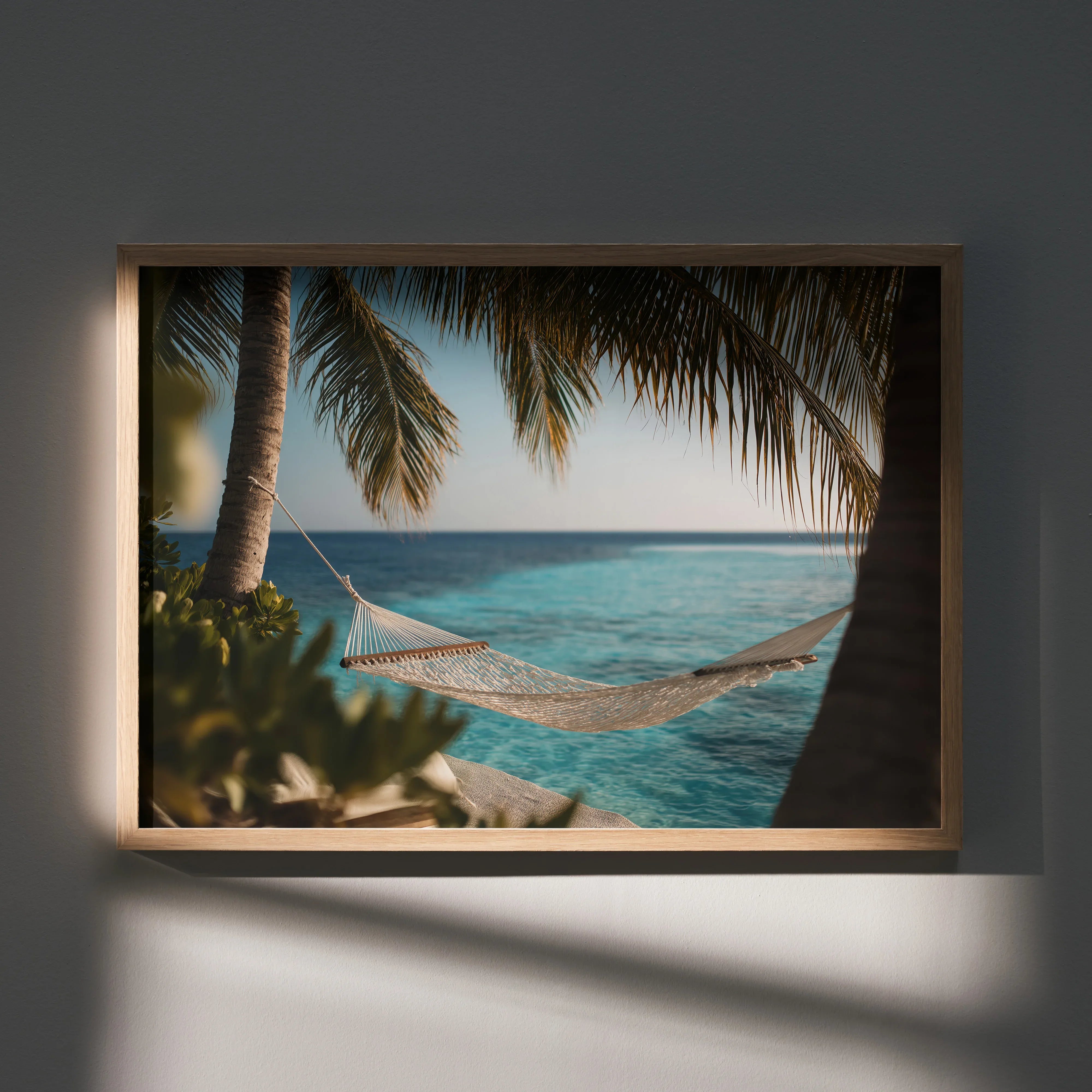 Ocean waves digital art poster with palm trees and a hammock, serene wall art decor.