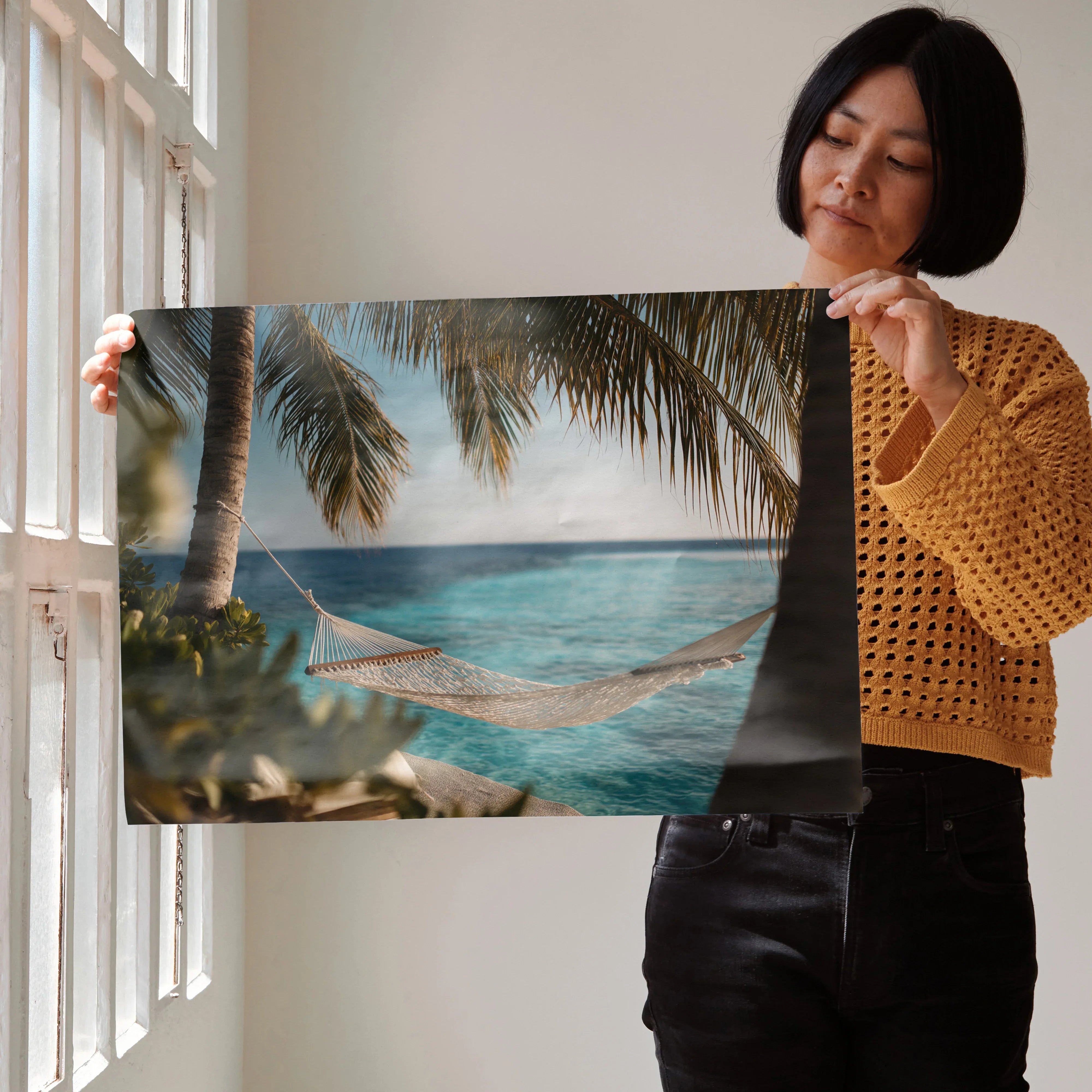 Ocean waves digital art poster with palm trees and hammock coastal wall art decor.