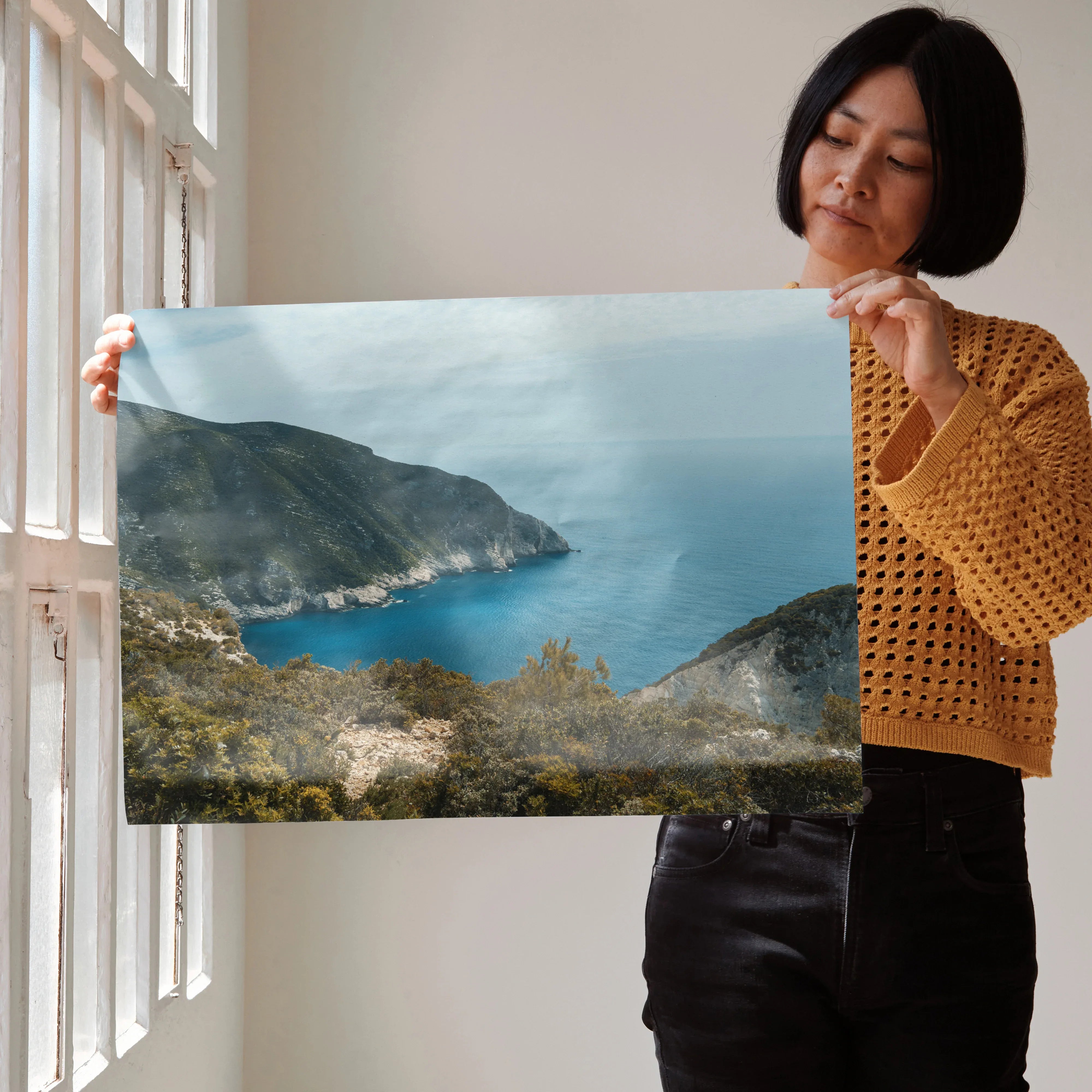 Majestic mountains and ocean sunset landscape poster wall art with natural scenery.