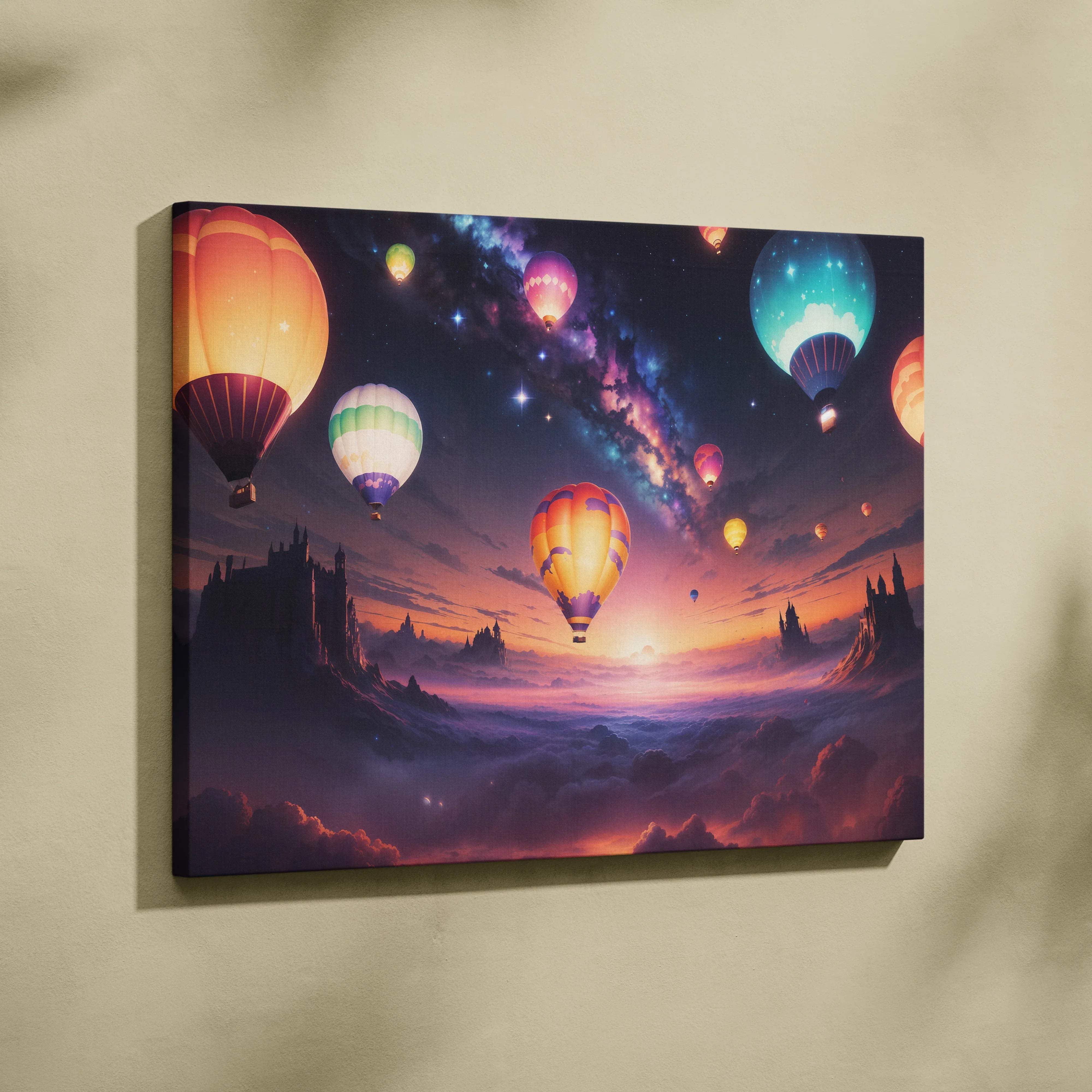 Whimsical hot air balloons over dreamlike cloud valley at sunset canvas art