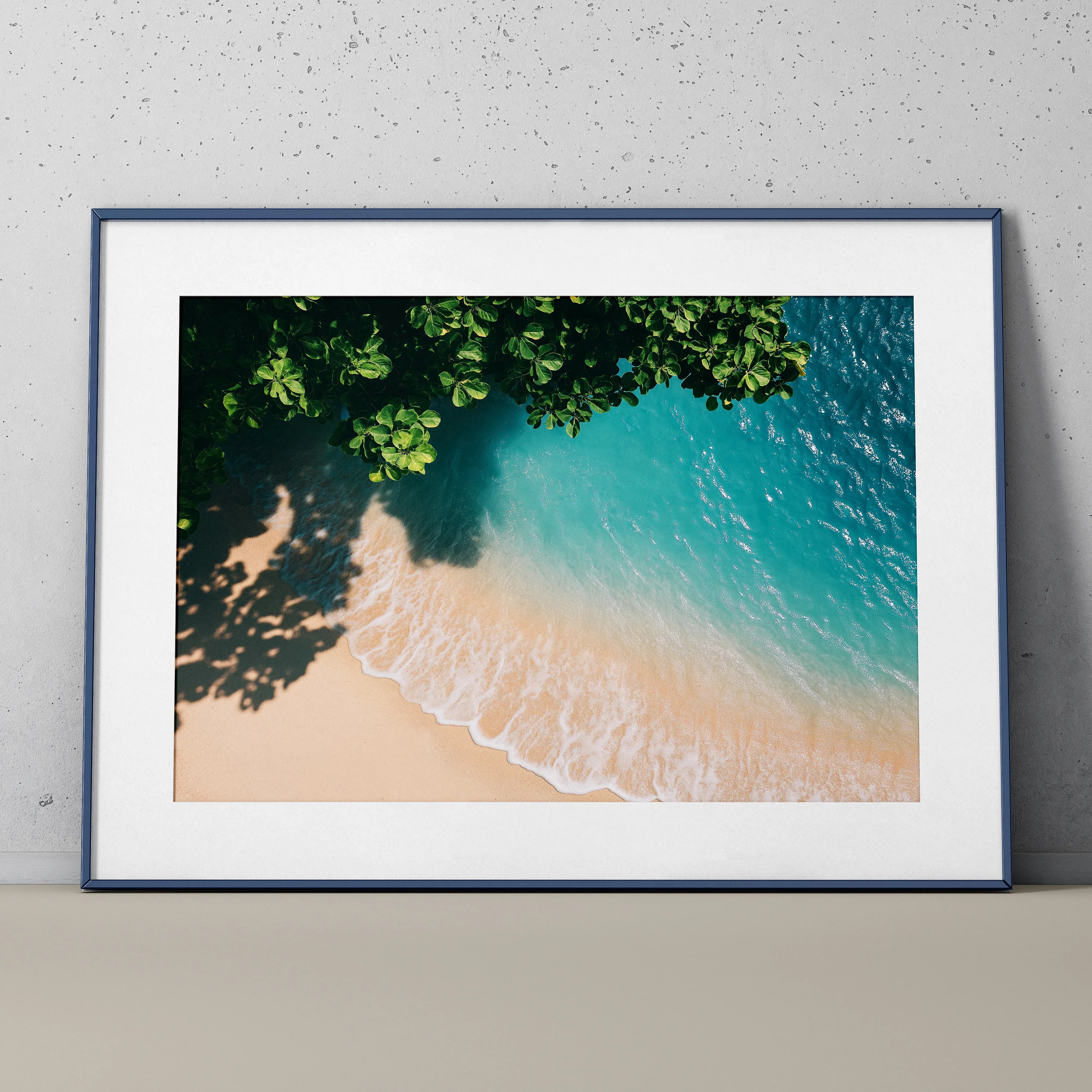Beach digital art poster with turquoise water, sandy shore, and green foliage wall art.