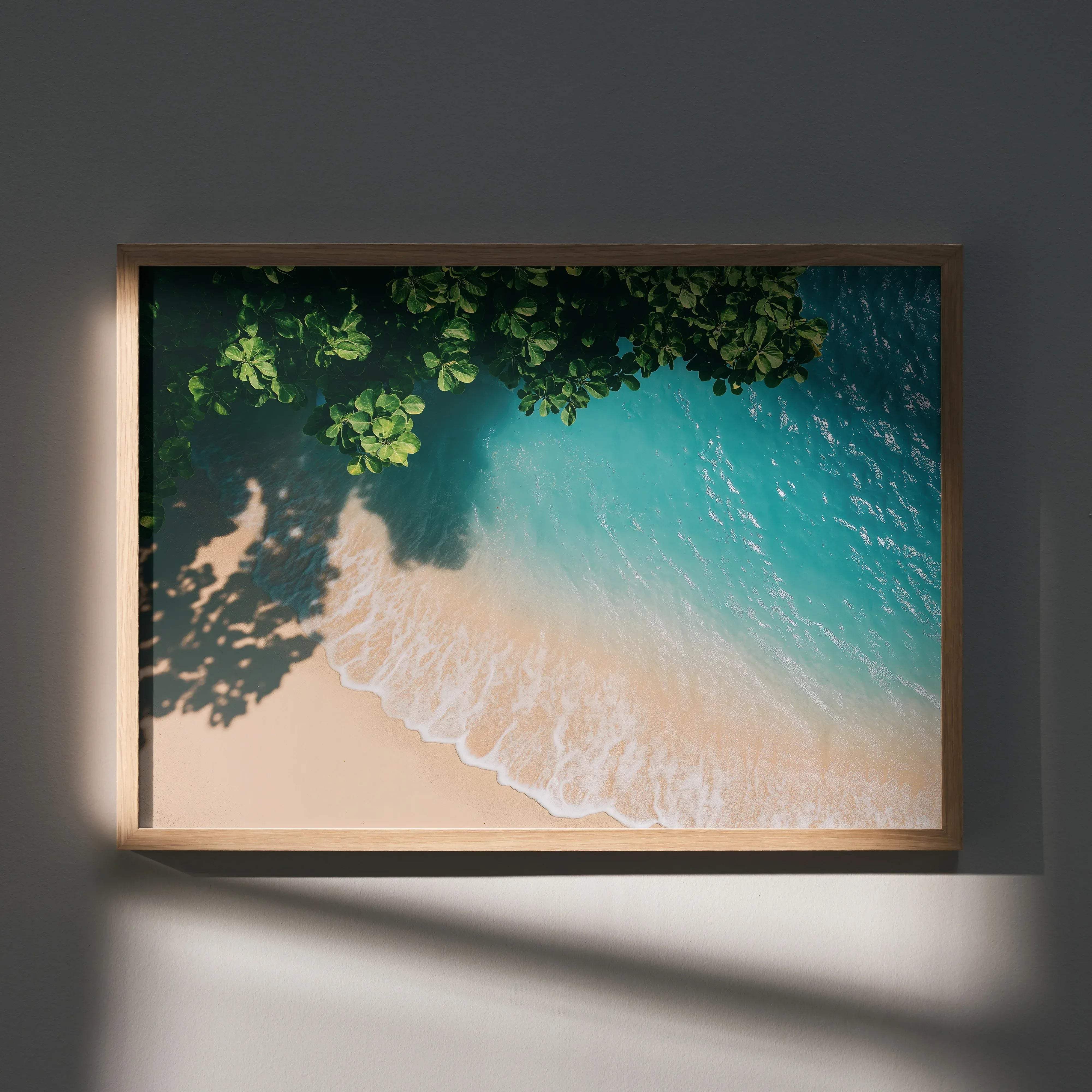 Stunning beach digital art poster wall decor featuring vibrant turquoise ocean and sandy beach in a light wood frame