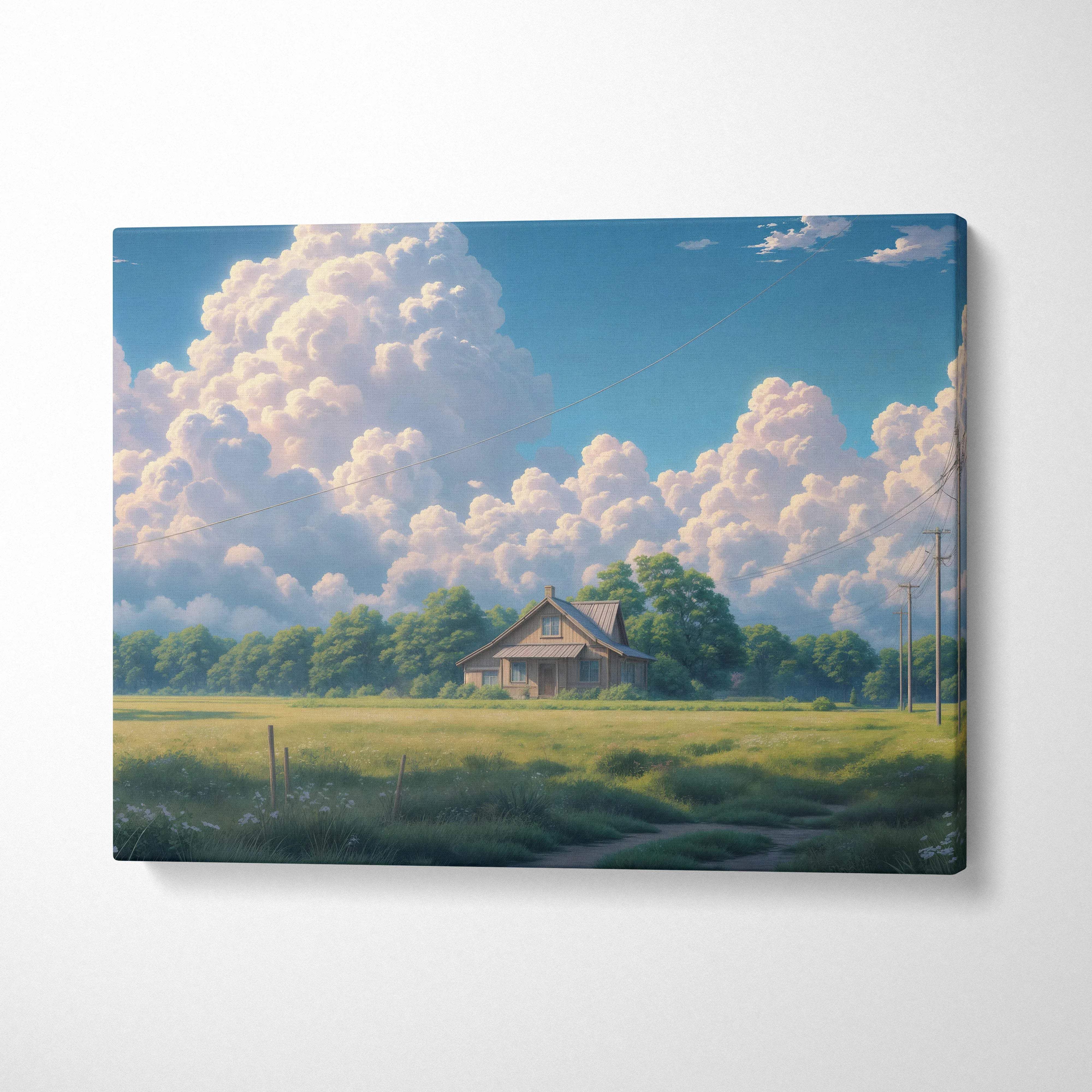 Anime countryside house canvas wall art with pastel fields and sunlight