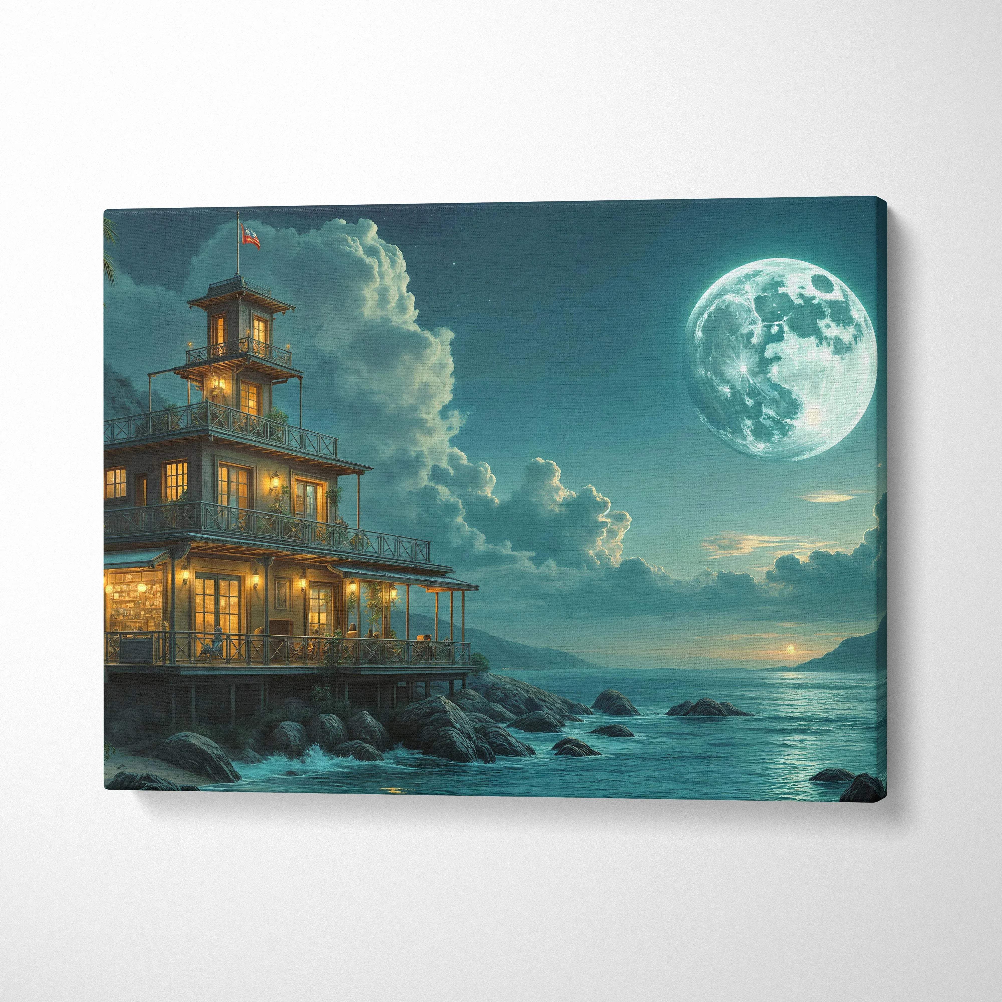 Cozy multi-story seaside lodge canvas print with tower, teal moonlit sky, ocean, glowing gold lights
