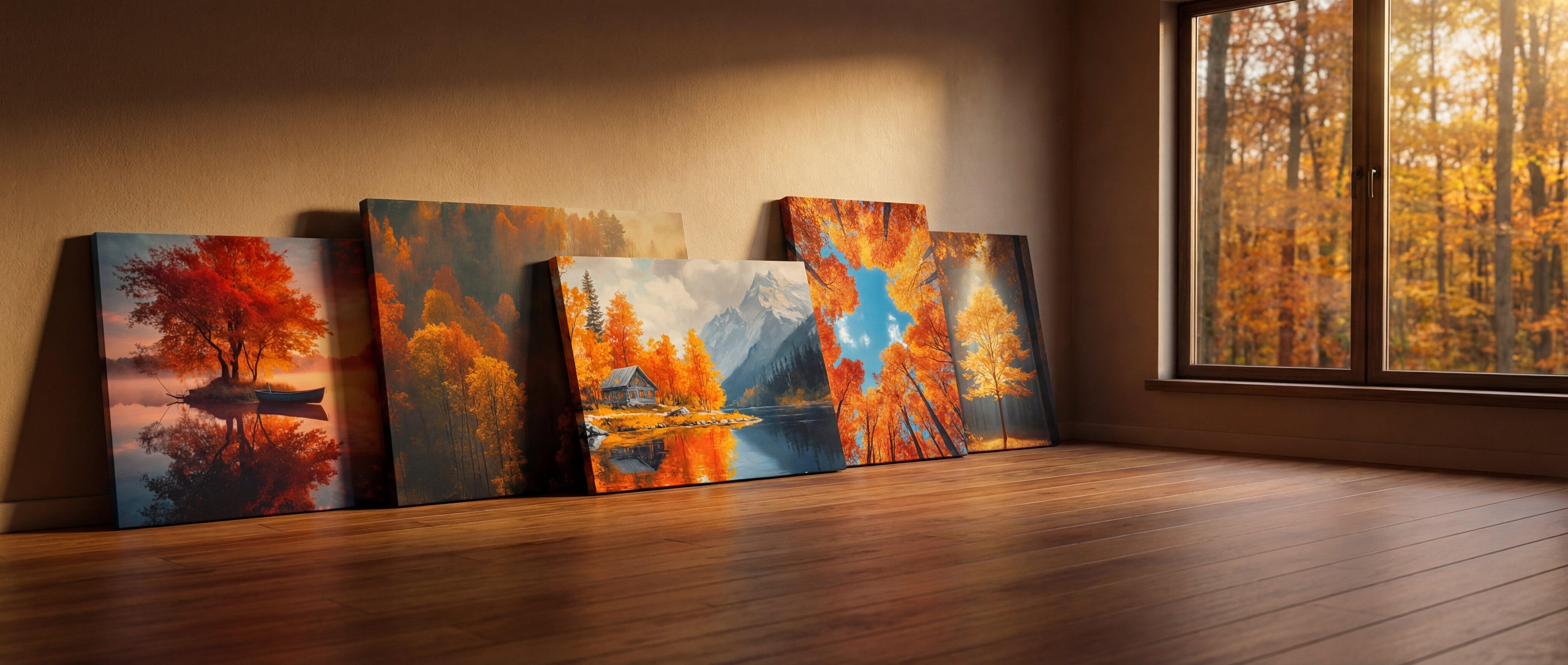 Five framed autumn landscape canvases leaning against a wall, featuring vibrant orange and red foliage with reflective water scenes.