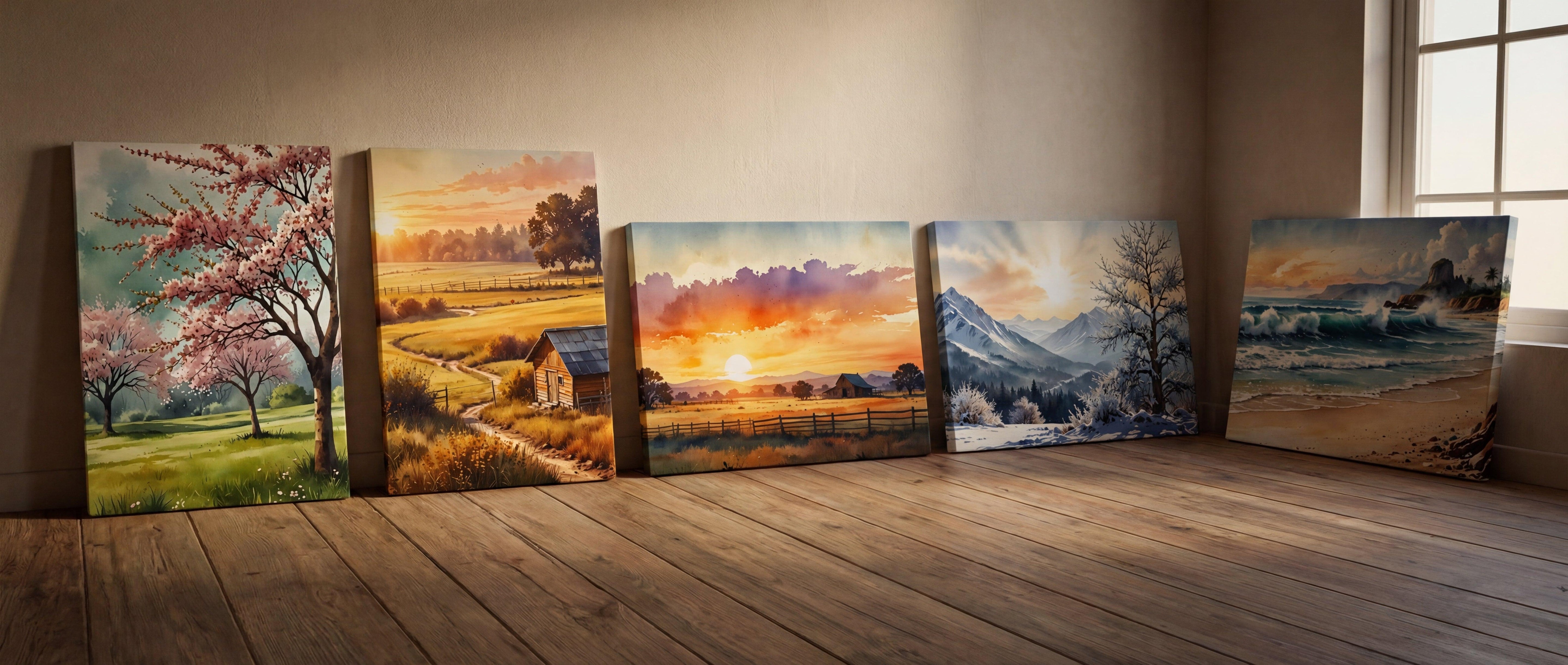 Five framed landscape paintings leaning against a wall, each depicting serene natural scenes with vibrant colors and detailed brushwork.