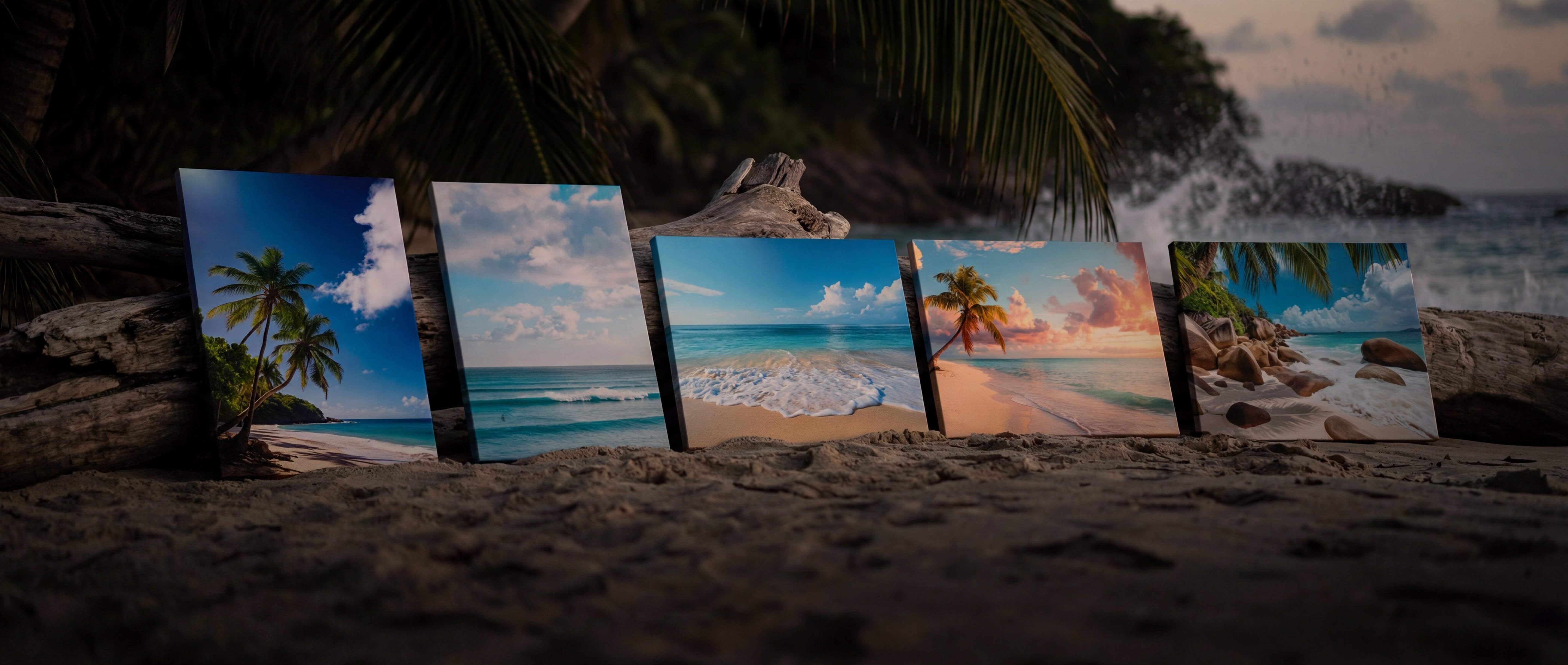 Five framed beachscape prints with vibrant turquoise waters, golden sands, and palm trees under a dynamic sky.